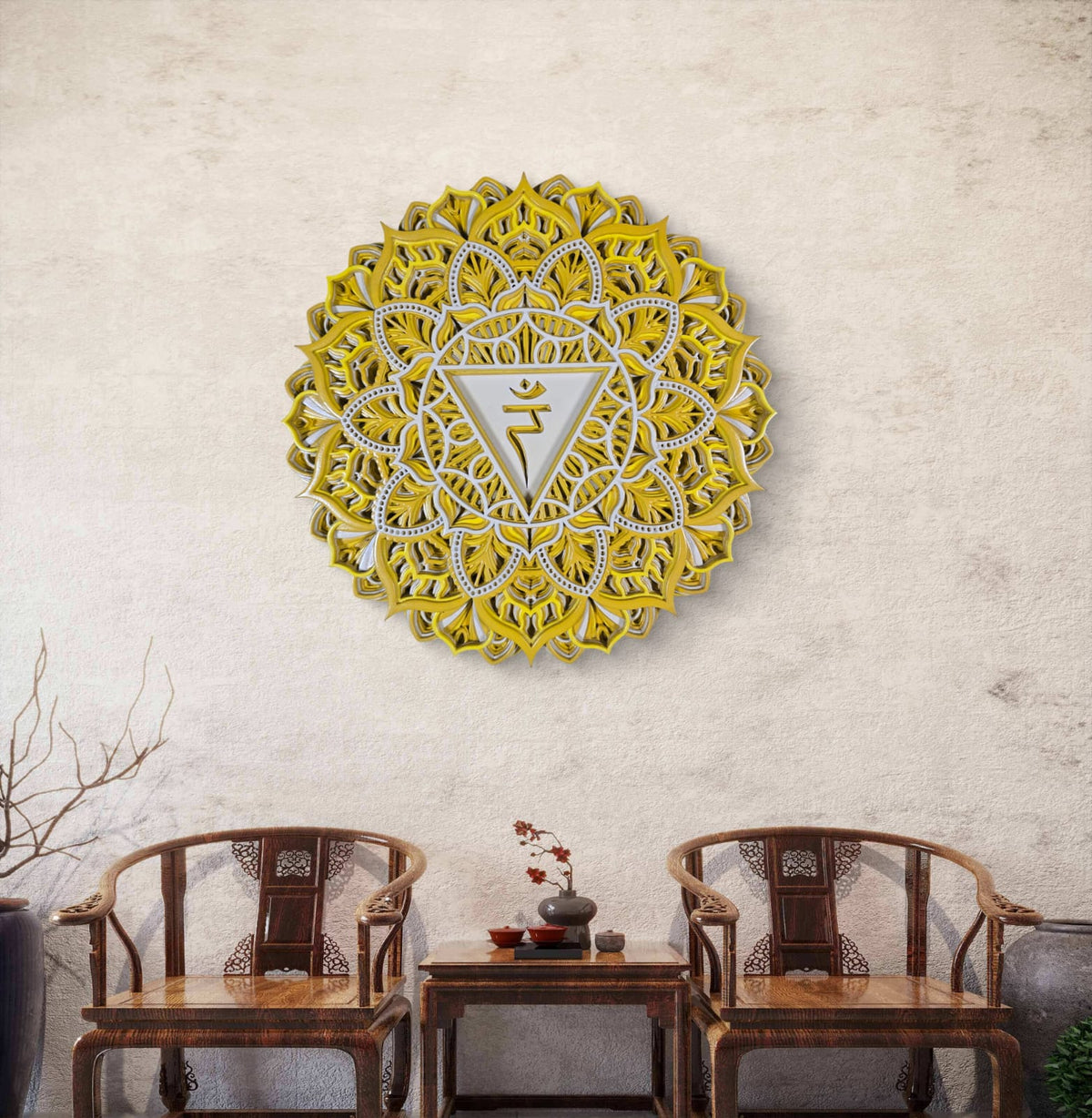 Golden Solar Plexus Chakra mandala wooden wall art in golden yellow