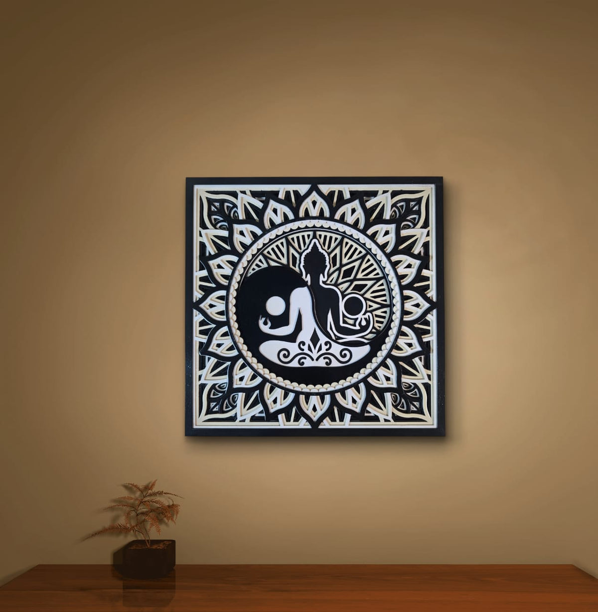 Divine Balance Buddha Wall Art – Black & Ivory Mandala Wooden Décor