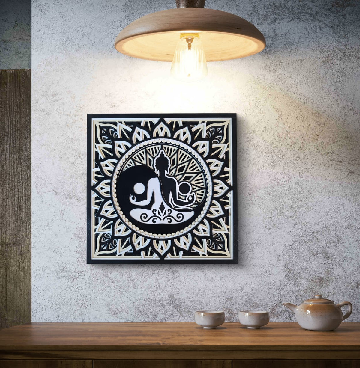 Divine Balance Buddha Wall Art – Black & Ivory Mandala Wooden Décor