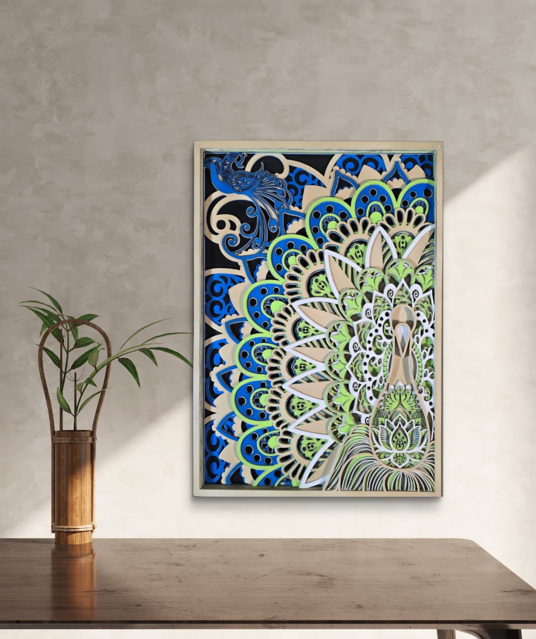 Wooden Peacock Mandala Wall Art – Peacock & Lotus Décor
