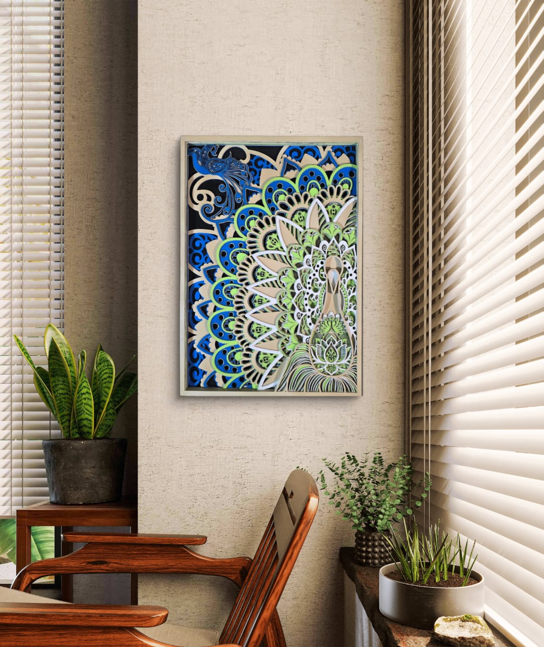 Wooden Peacock Mandala Wall Art – Peacock & Lotus Décor