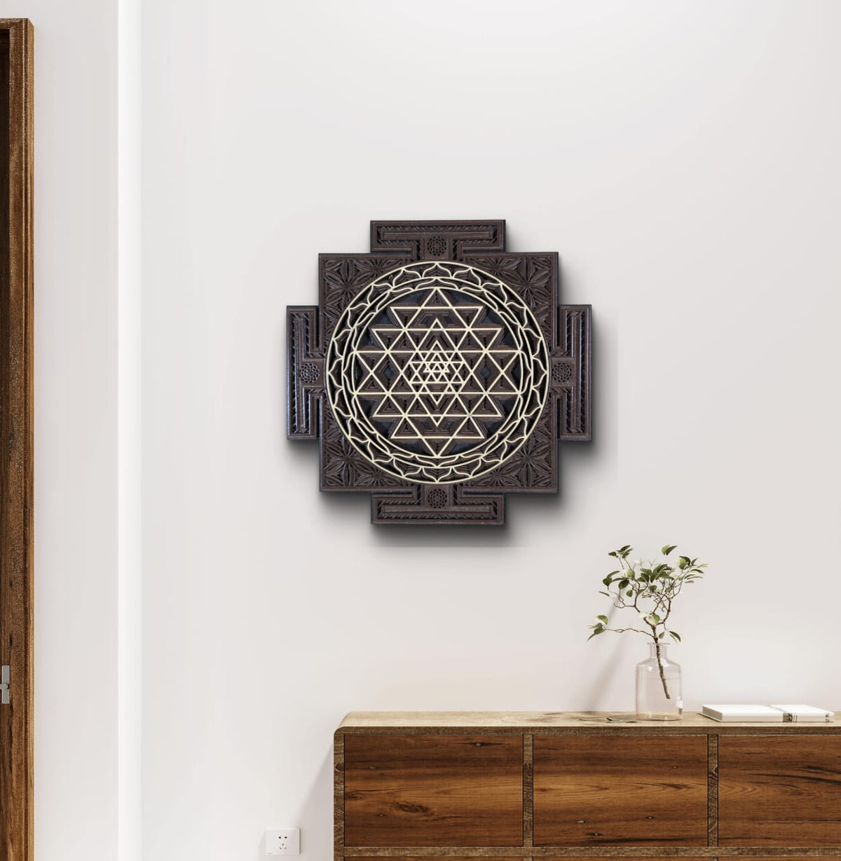Wooden Sri Yantra Wall Art – Sacred Geometry Décor