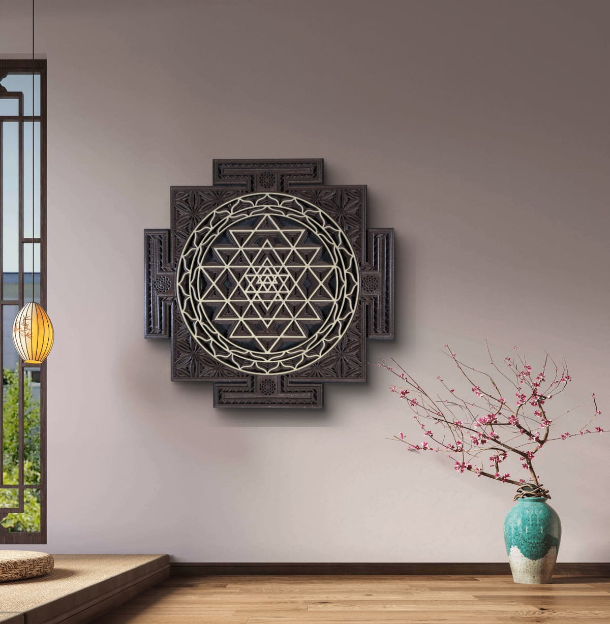 Wooden Sri Yantra Wall Art – Sacred Geometry Décor