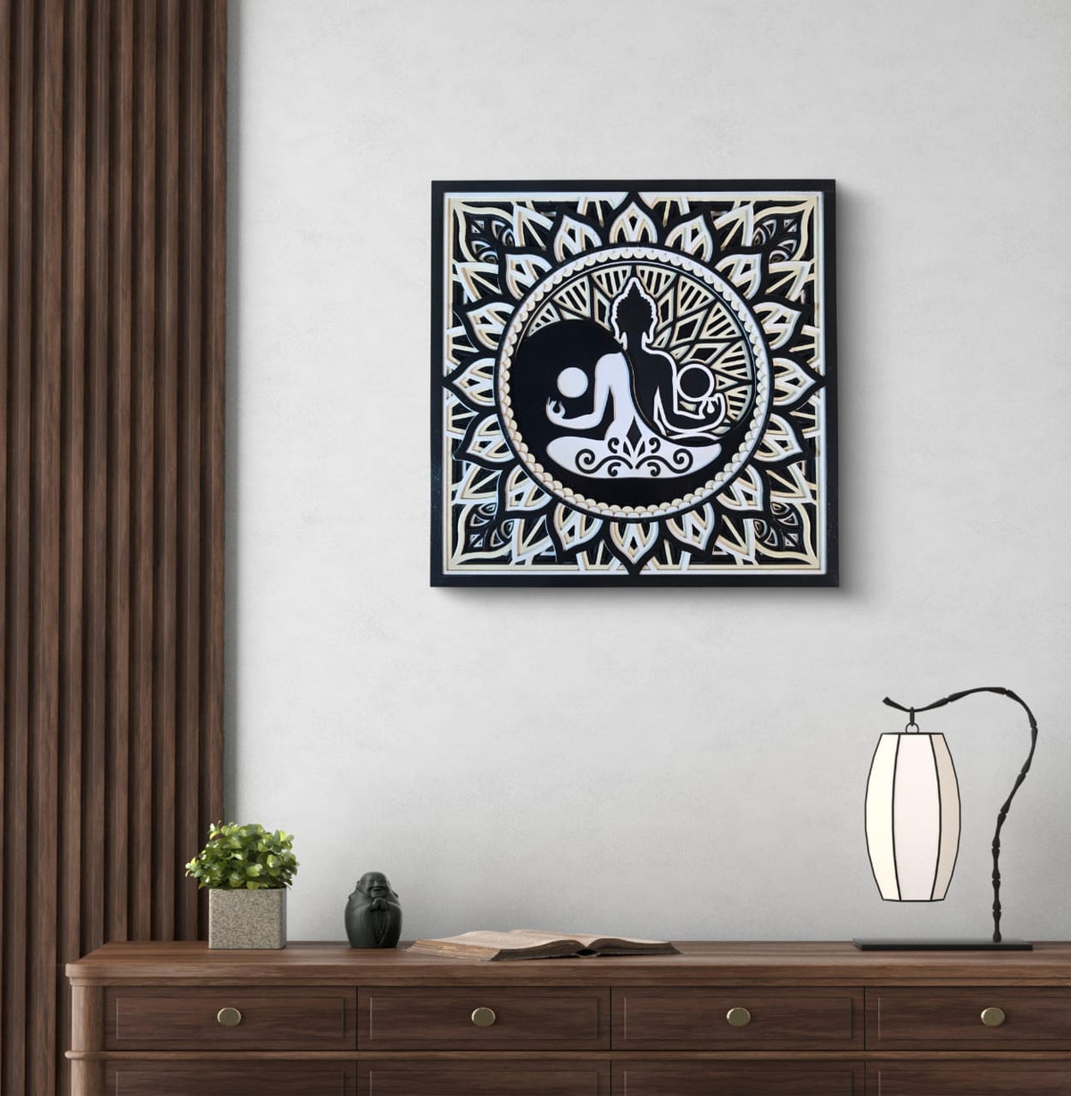 Divine Balance Buddha Wall Art – Black & Ivory Mandala Wooden Décor