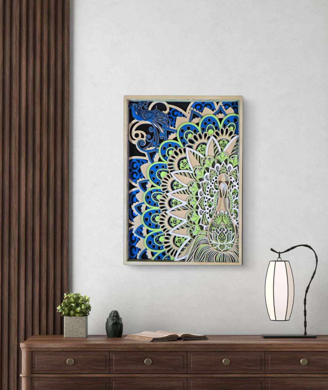 Wooden Peacock Mandala Wall Art – Peacock & Lotus Décor