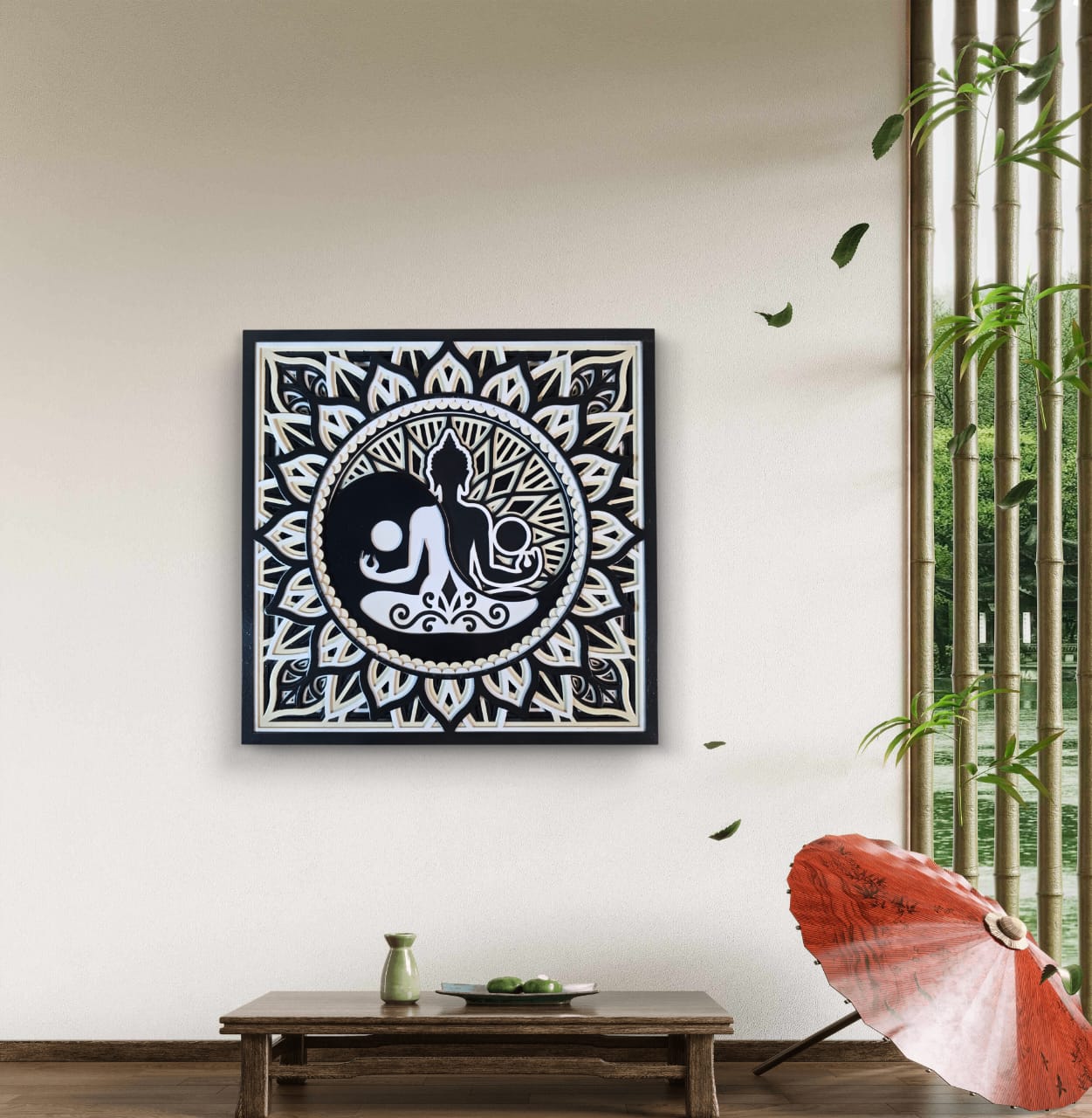 Divine Balance Buddha Wall Art – Black & Ivory Mandala Wooden Décor