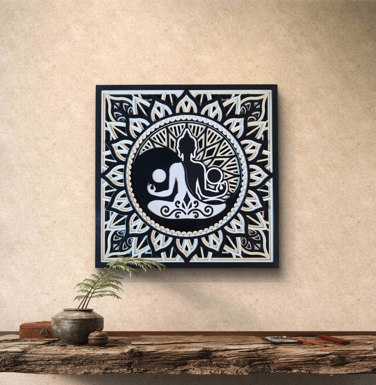 Divine Balance Buddha Wall Art – Black & Ivory Mandala Wooden Décor