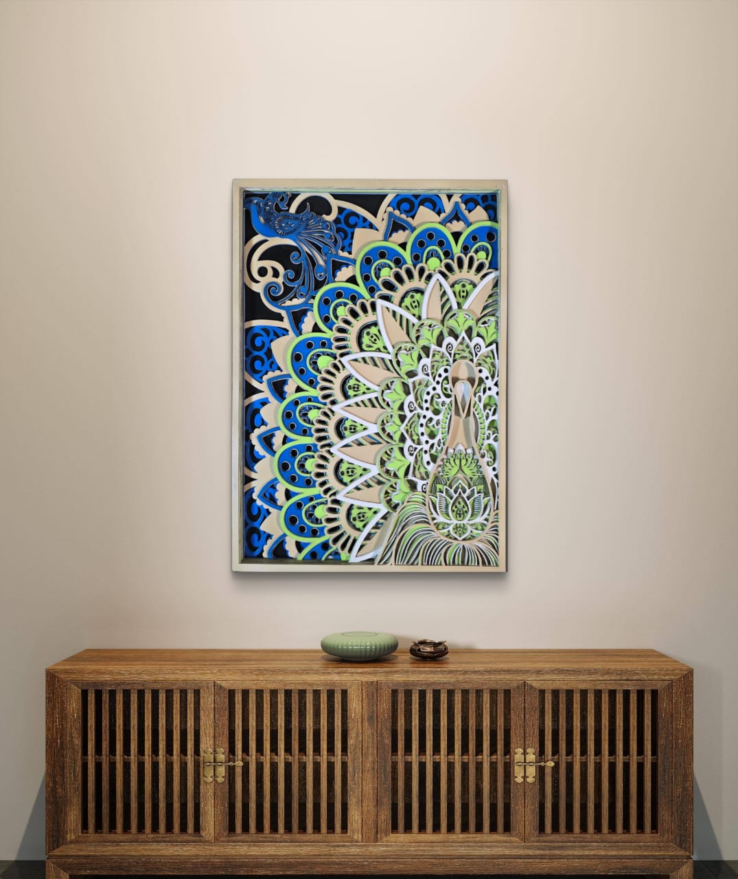 Wooden Peacock Mandala Wall Art – Peacock & Lotus Décor