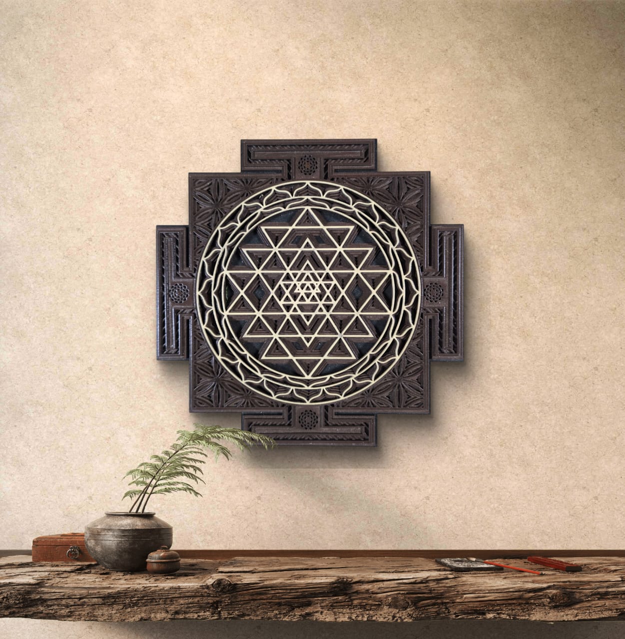 Wooden Sri Yantra Wall Art – Sacred Geometry Décor