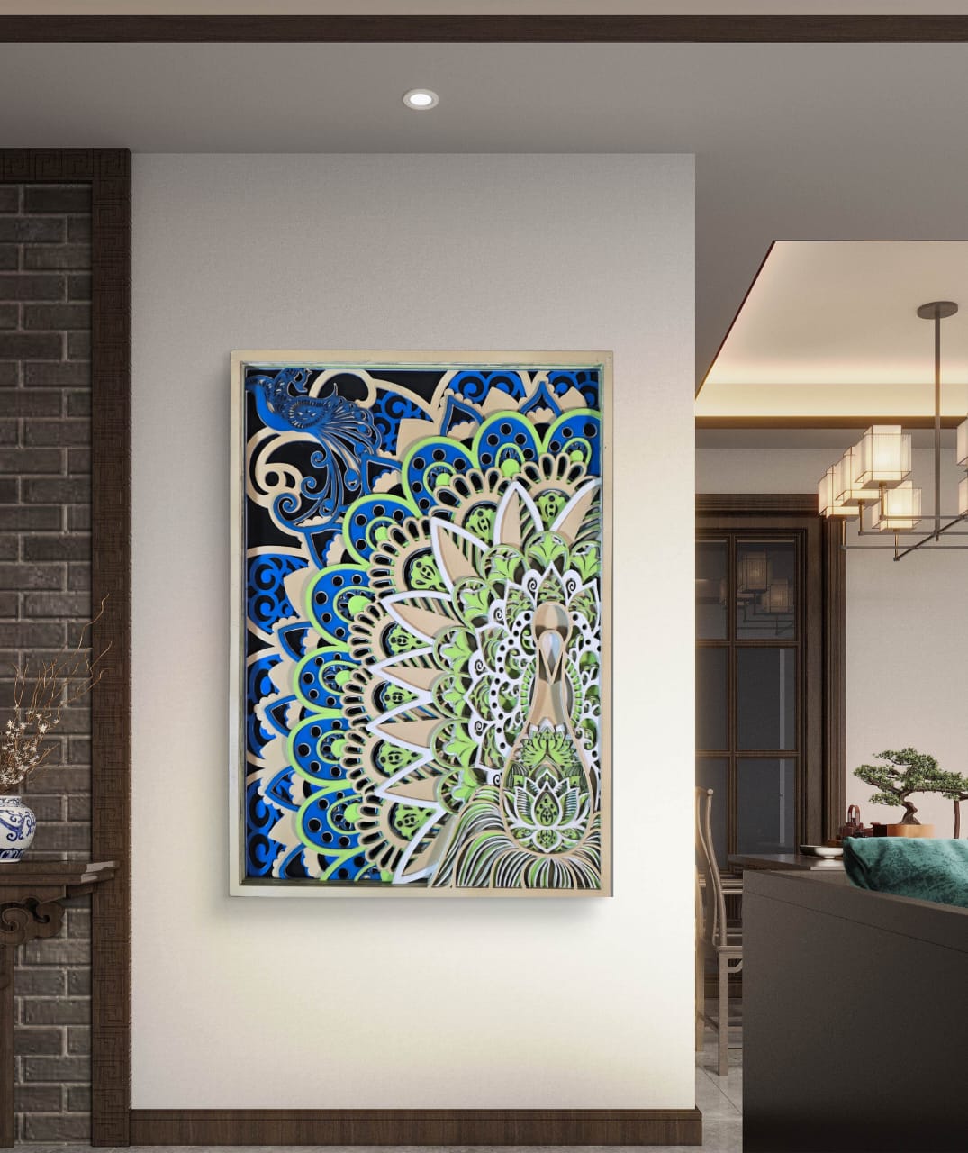 Wooden Peacock Mandala Wall Art – Peacock & Lotus Décor
