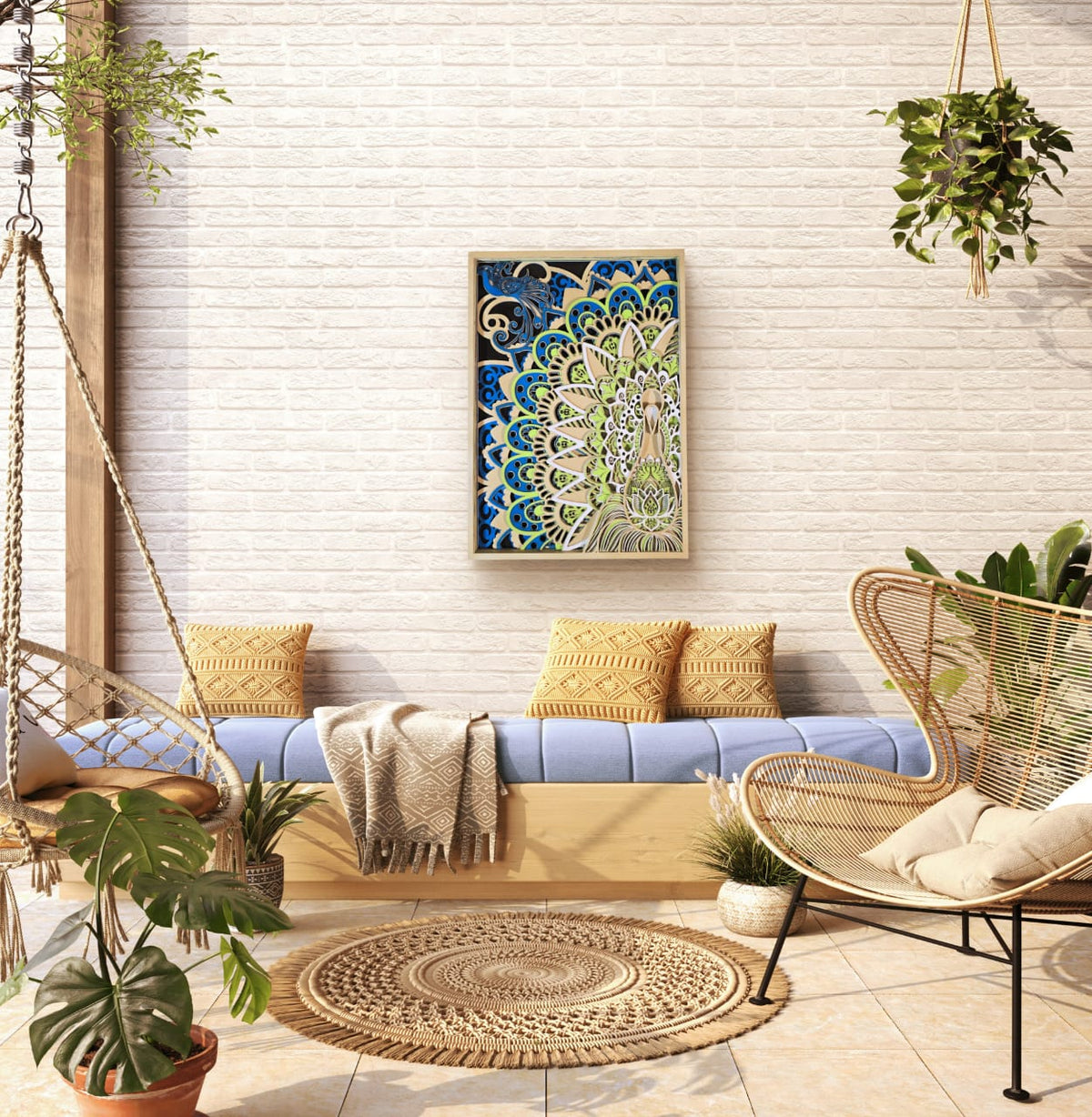 Wooden Peacock Mandala Wall Art – Peacock & Lotus Décor