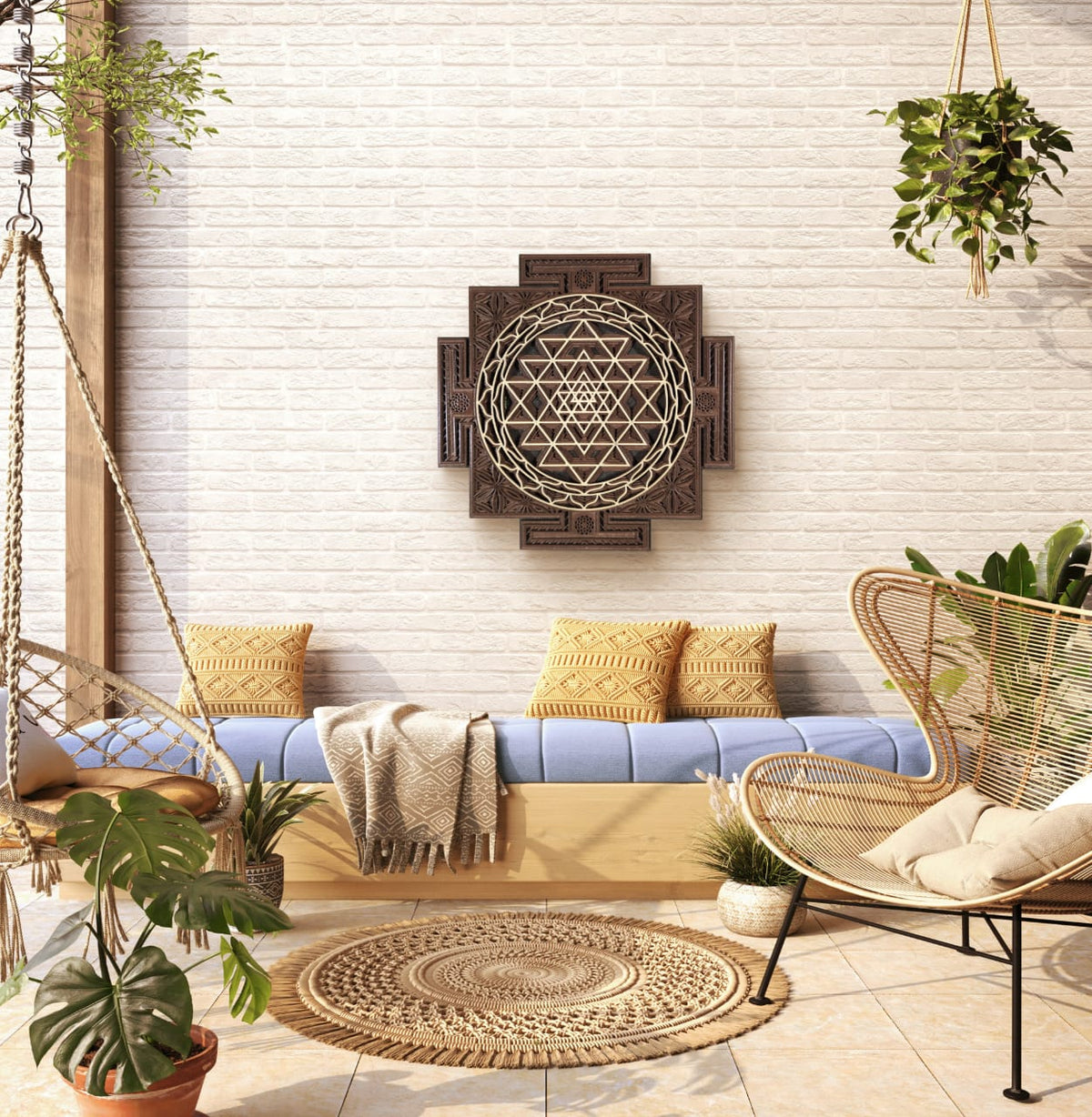 Wooden Sri Yantra Wall Art – Sacred Geometry Décor