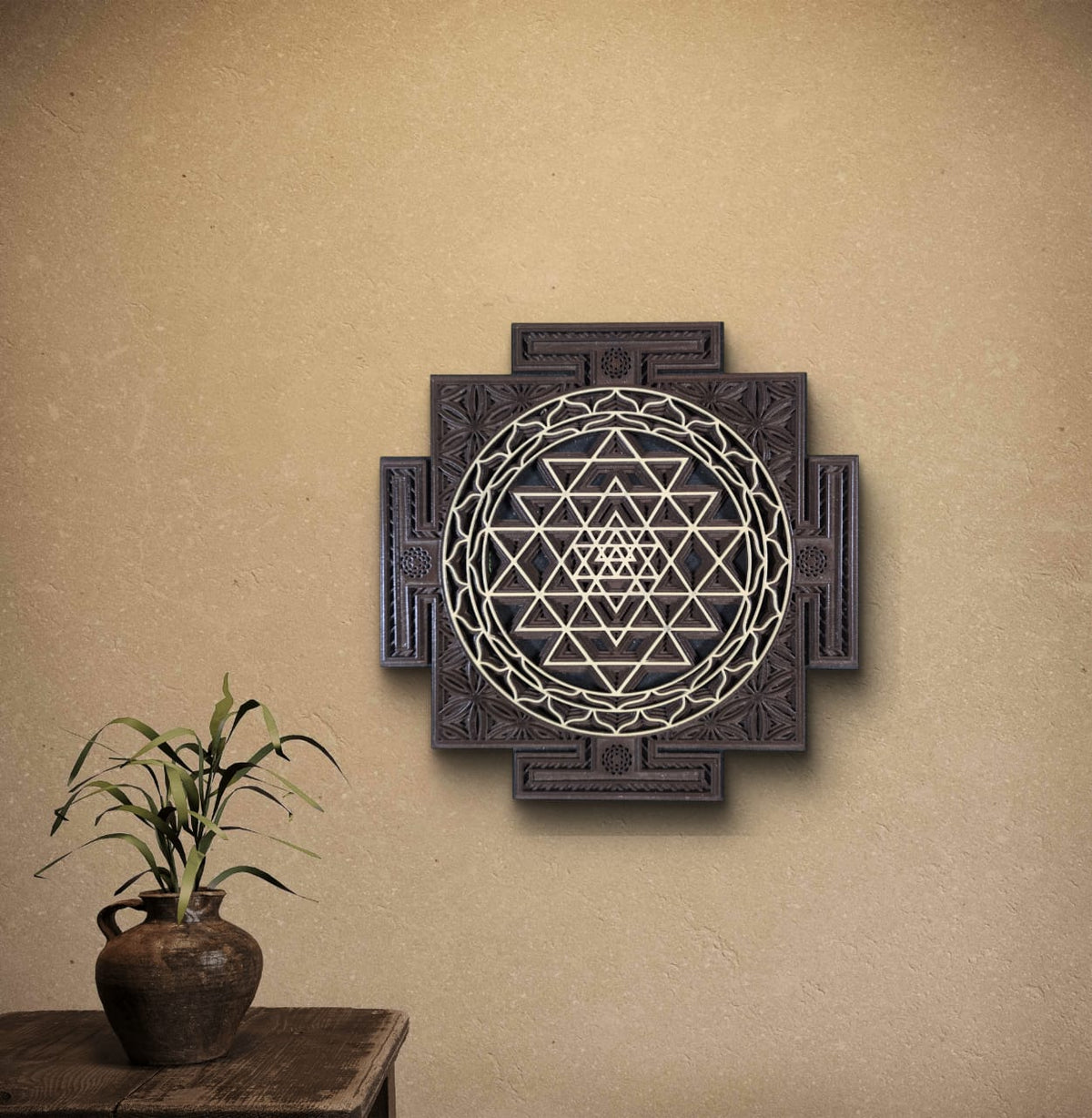 Wooden Sri Yantra Wall Art – Sacred Geometry Décor