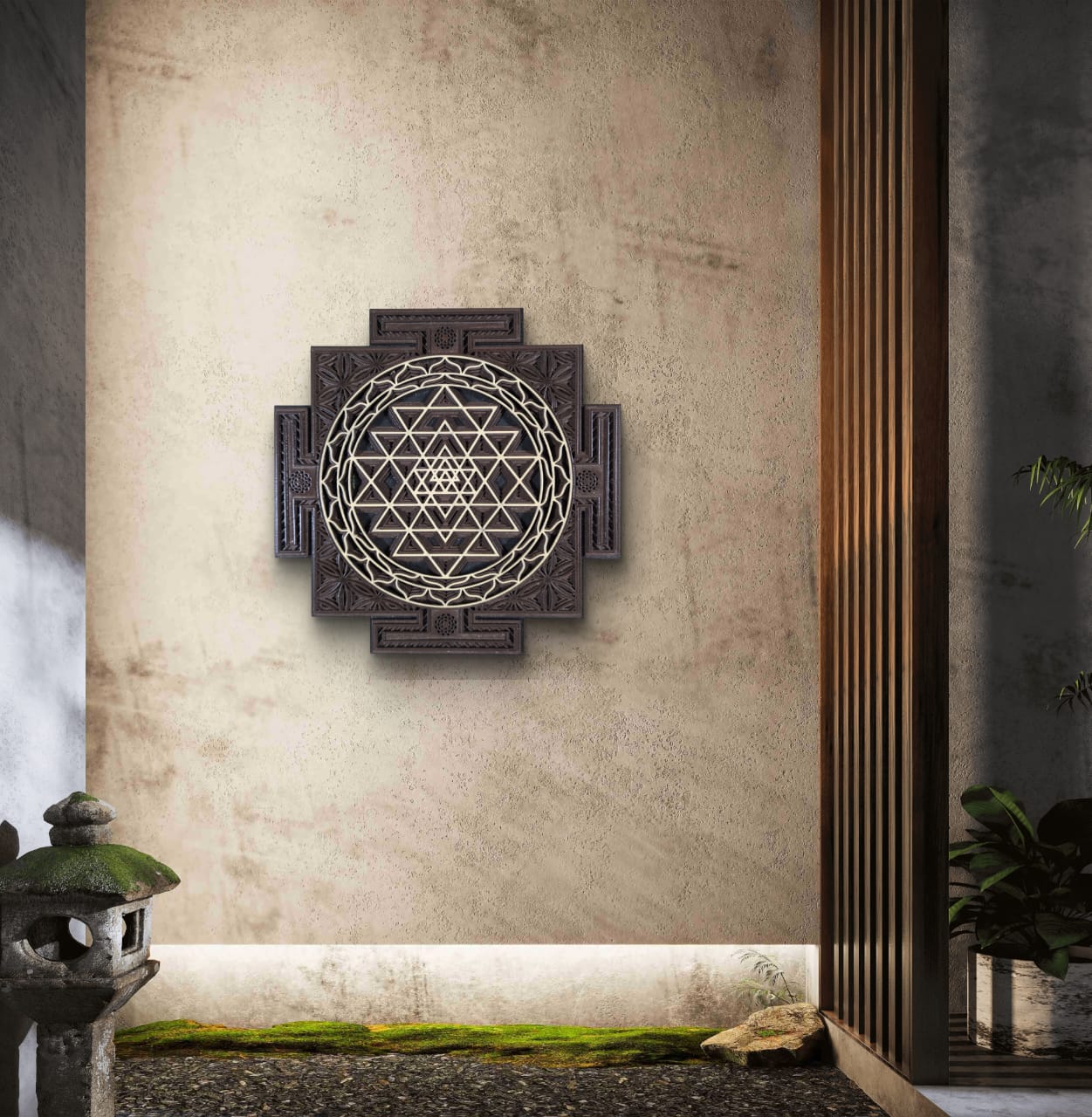Wooden Sri Yantra Wall Art – Sacred Geometry Décor