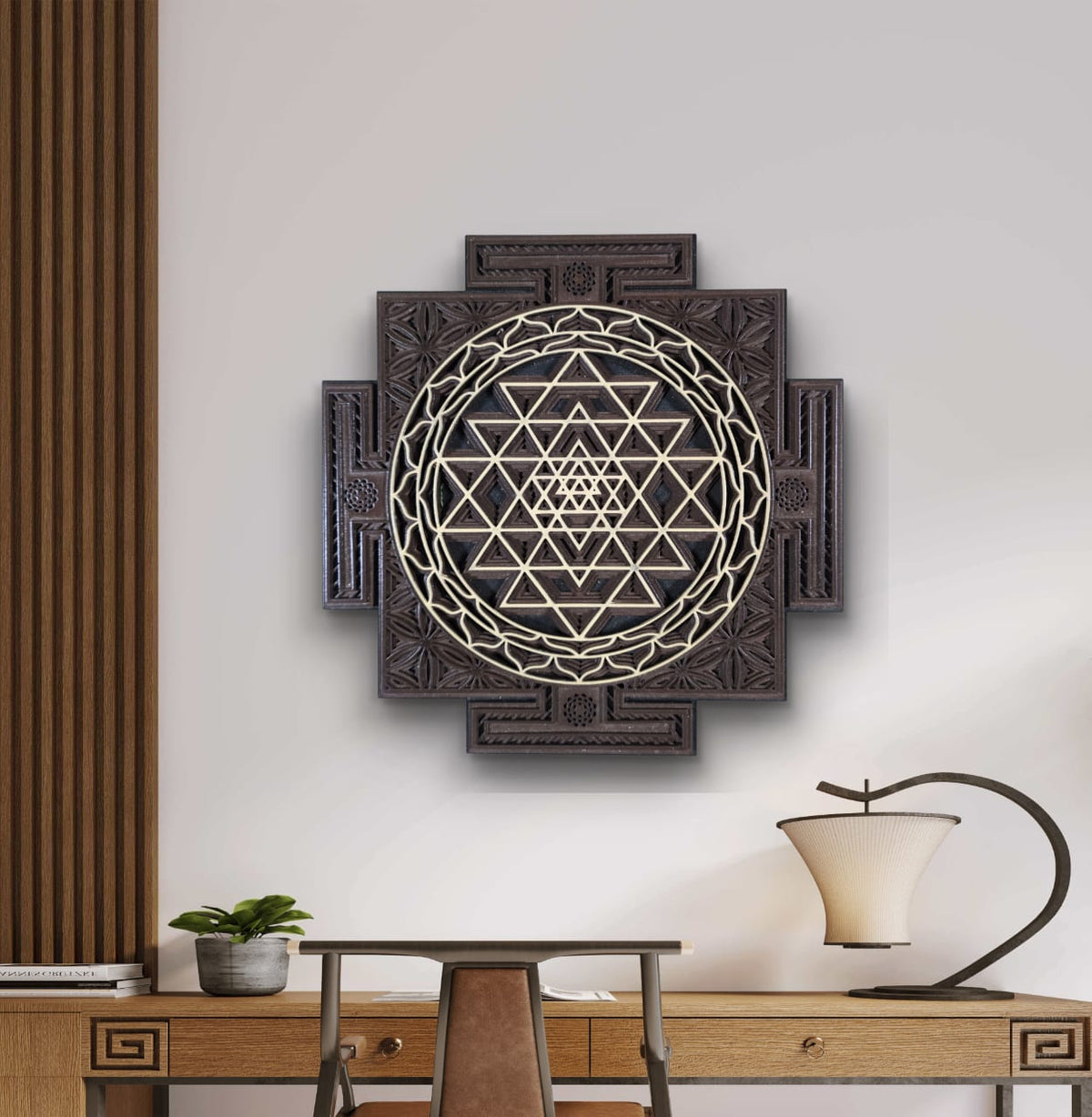 Wooden Sri Yantra Wall Art – Sacred Geometry Décor