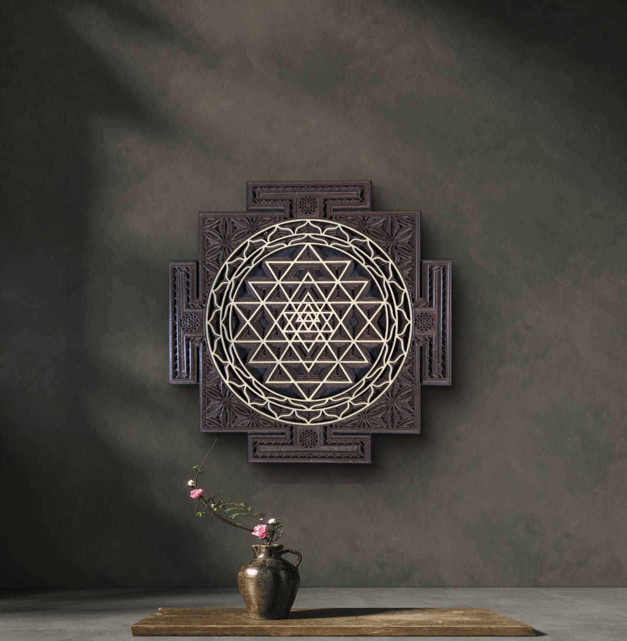 Wooden Sri Yantra Wall Art – Sacred Geometry Décor