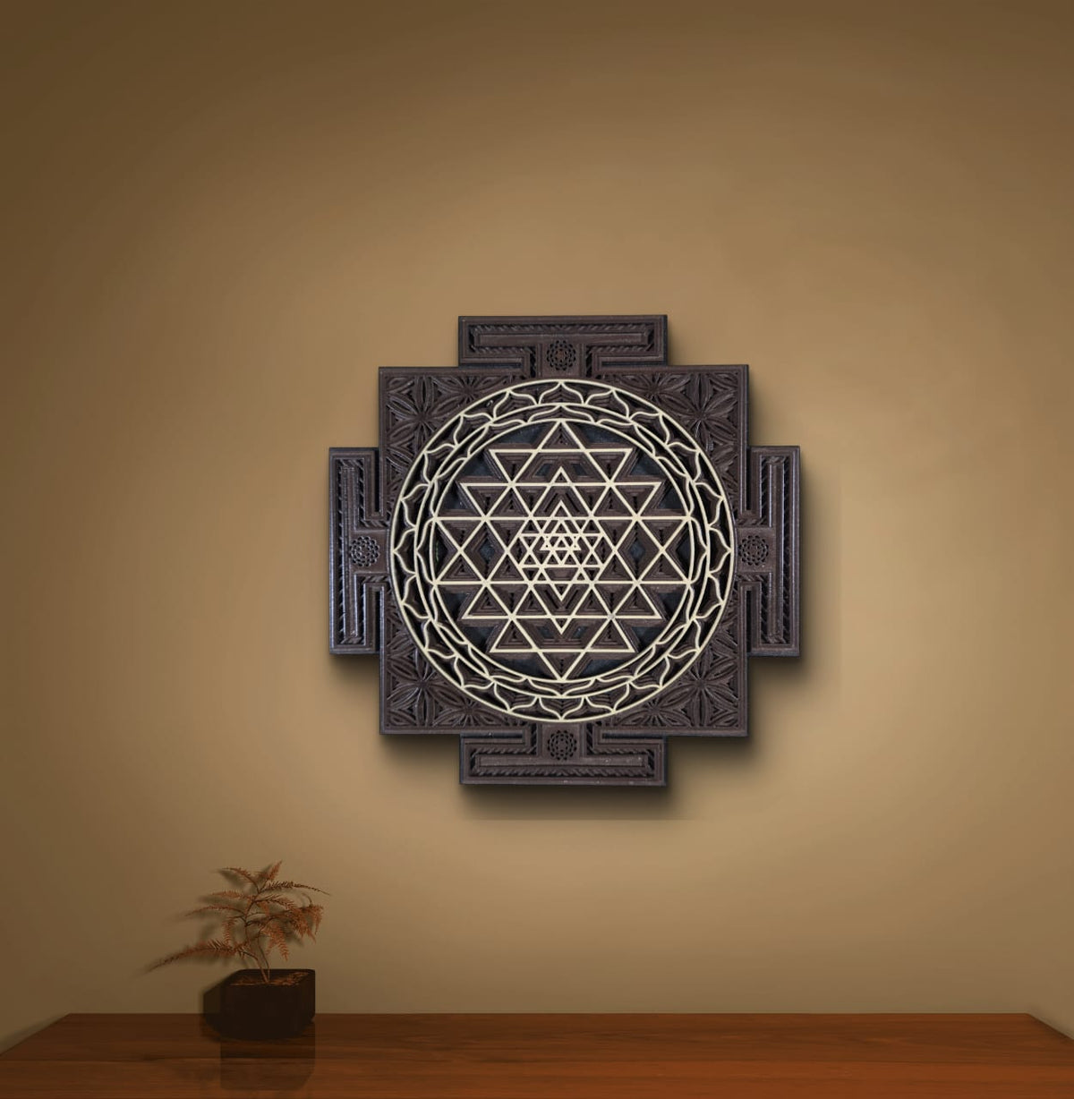 Wooden Sri Yantra Wall Art – Sacred Geometry Décor