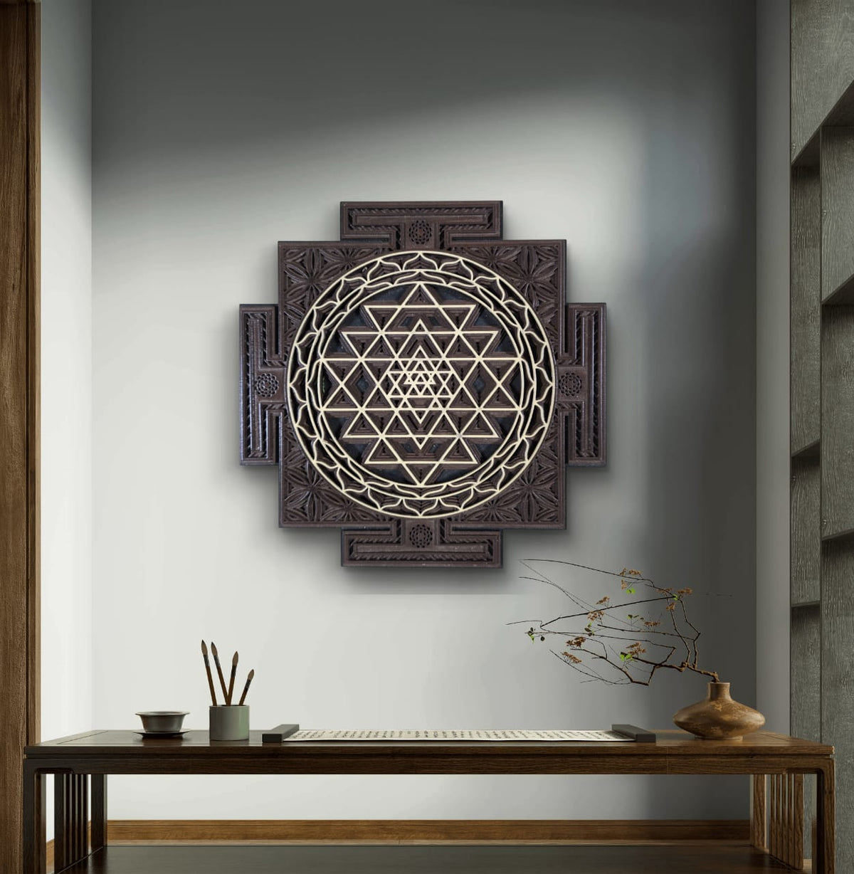 Wooden Sri Yantra Wall Art – Sacred Geometry Décor