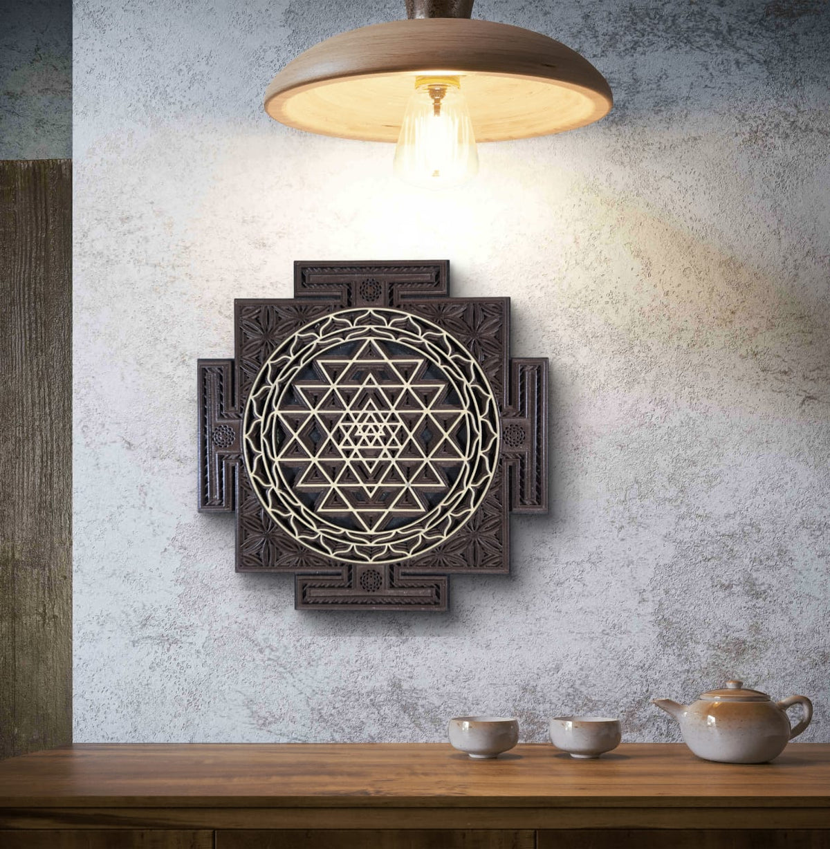 Wooden Sri Yantra Wall Art – Sacred Geometry Décor
