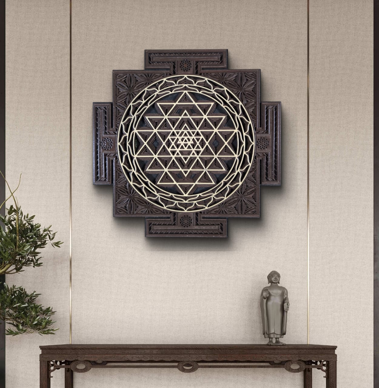 Wooden Sri Yantra Wall Art – Sacred Geometry Décor