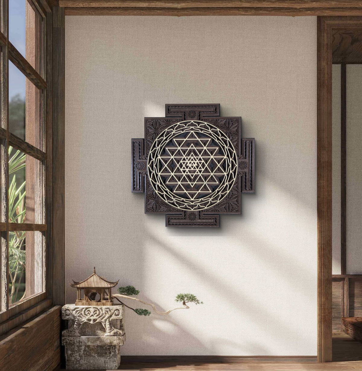 Wooden Sri Yantra Wall Art – Sacred Geometry Décor