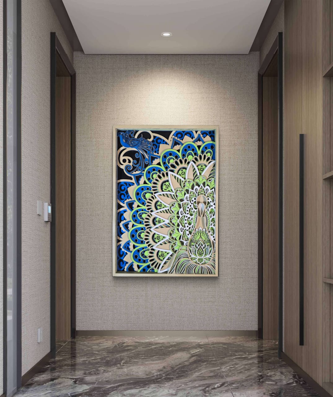 Wooden Peacock Mandala Wall Art – Peacock & Lotus Décor