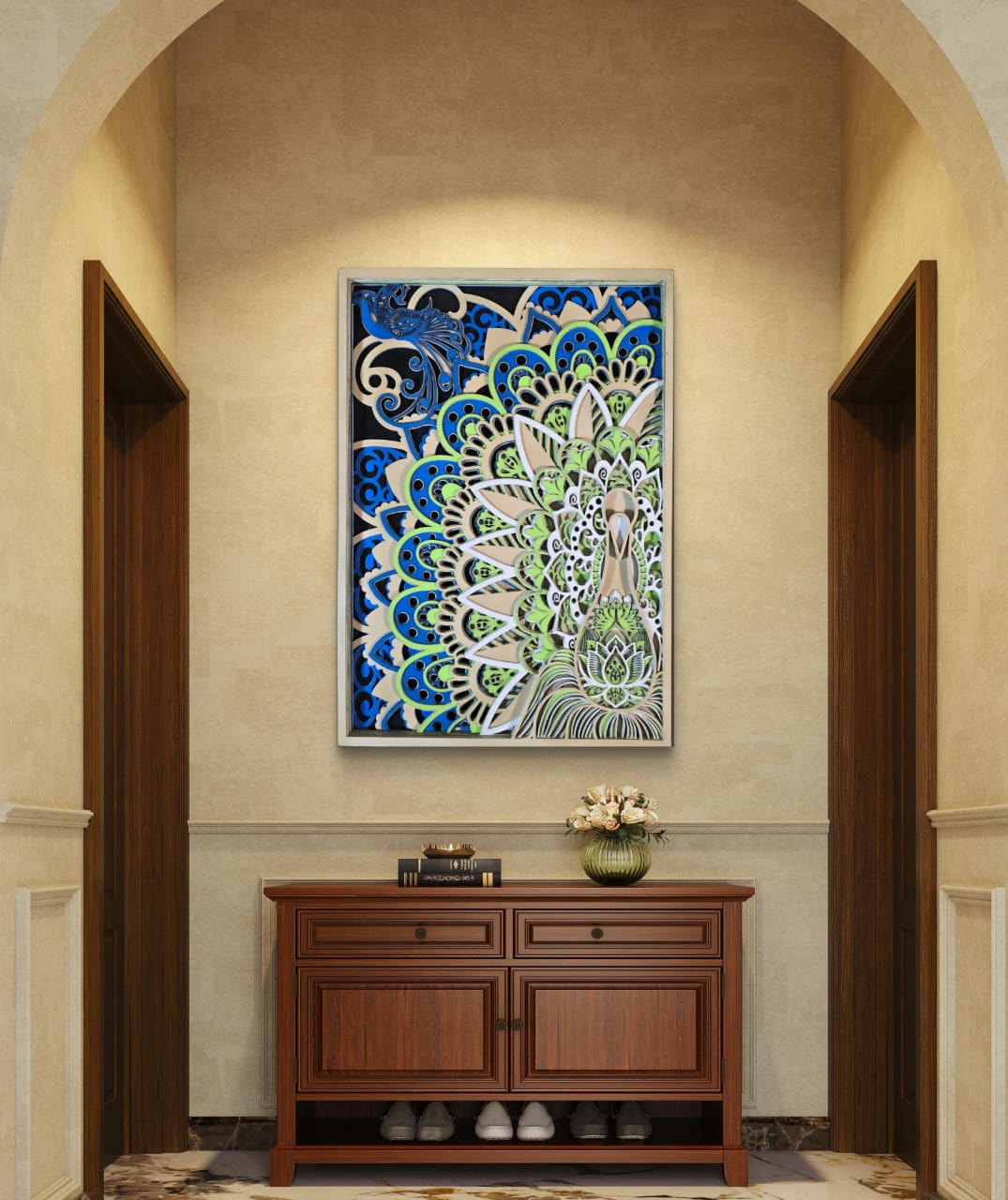 Wooden Peacock Mandala Wall Art – Peacock & Lotus Décor