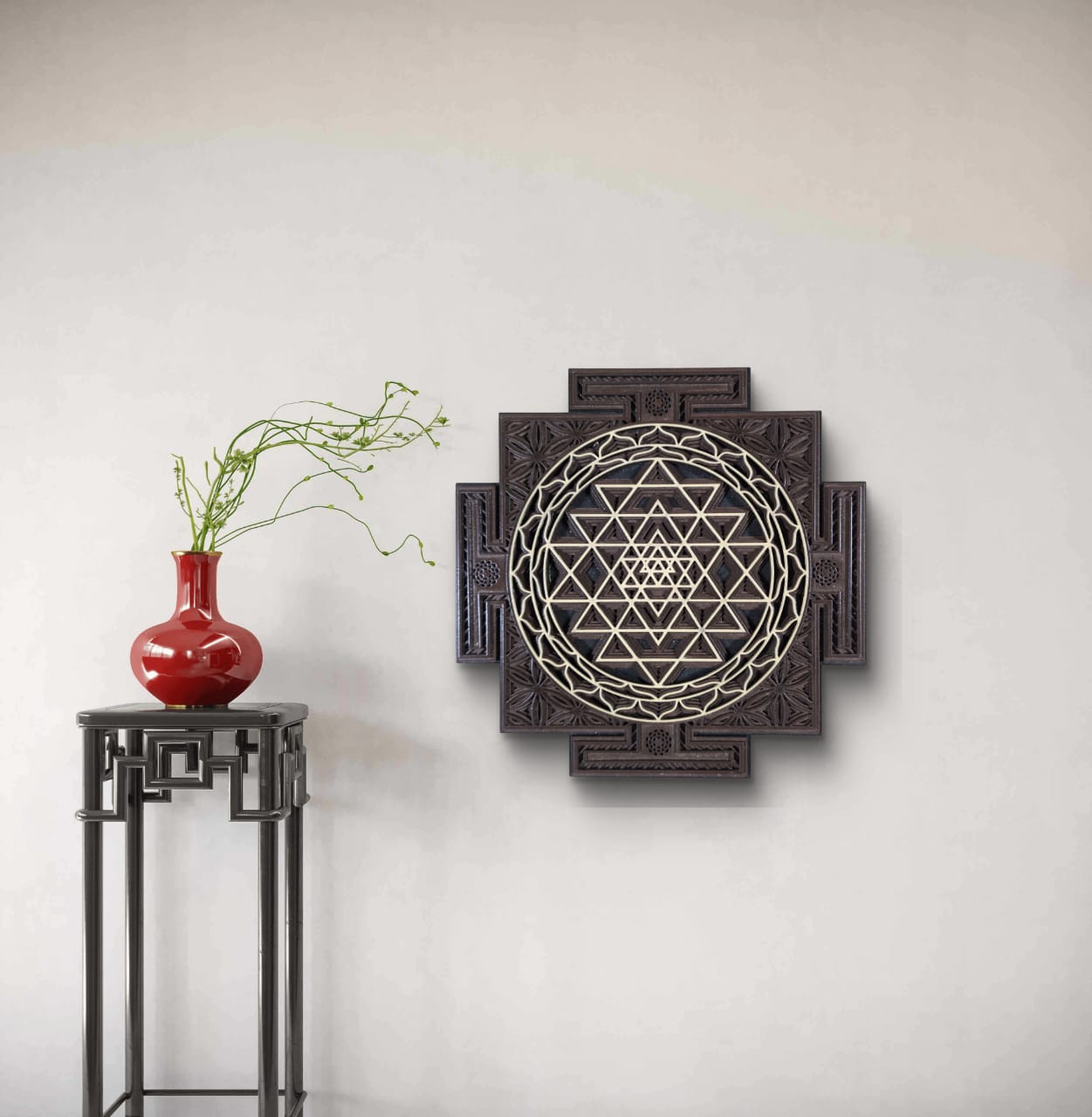Wooden Sri Yantra Wall Art – Sacred Geometry Décor
