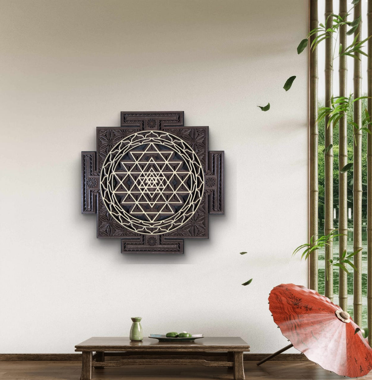 Wooden Sri Yantra Wall Art – Sacred Geometry Décor