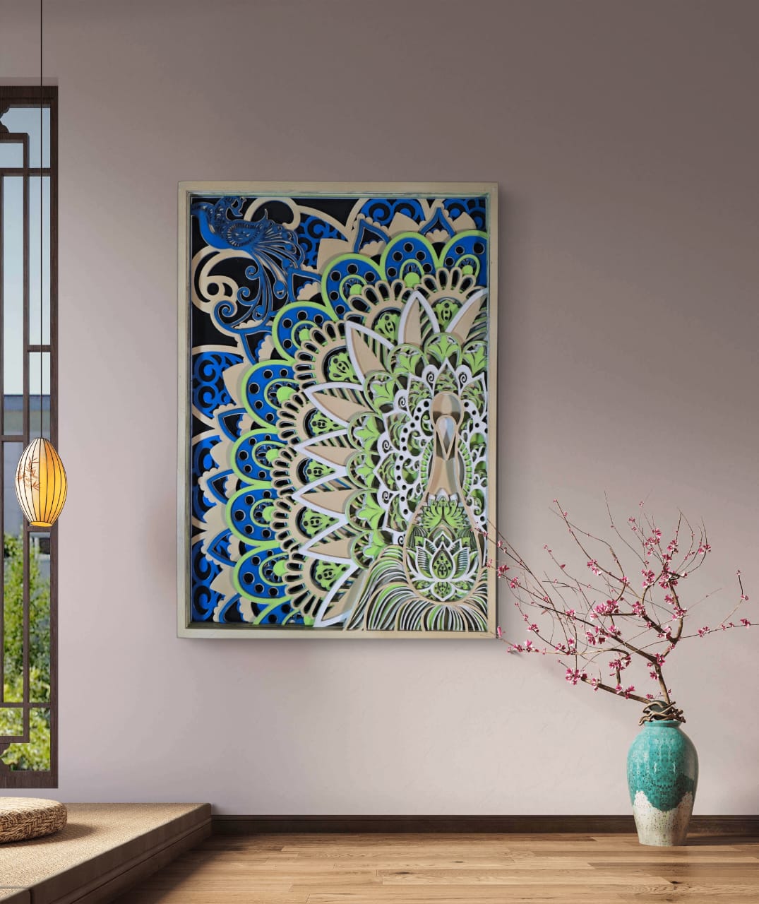 Wooden Peacock Mandala Wall Art – Peacock & Lotus Décor
