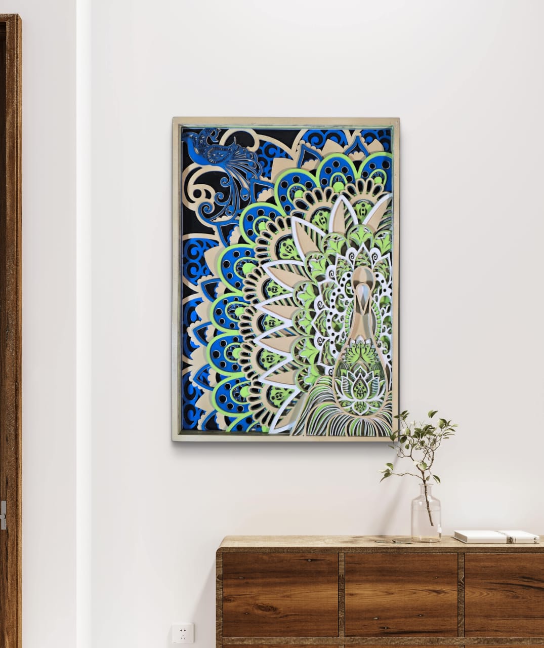 Wooden Peacock Mandala Wall Art – Peacock & Lotus Décor