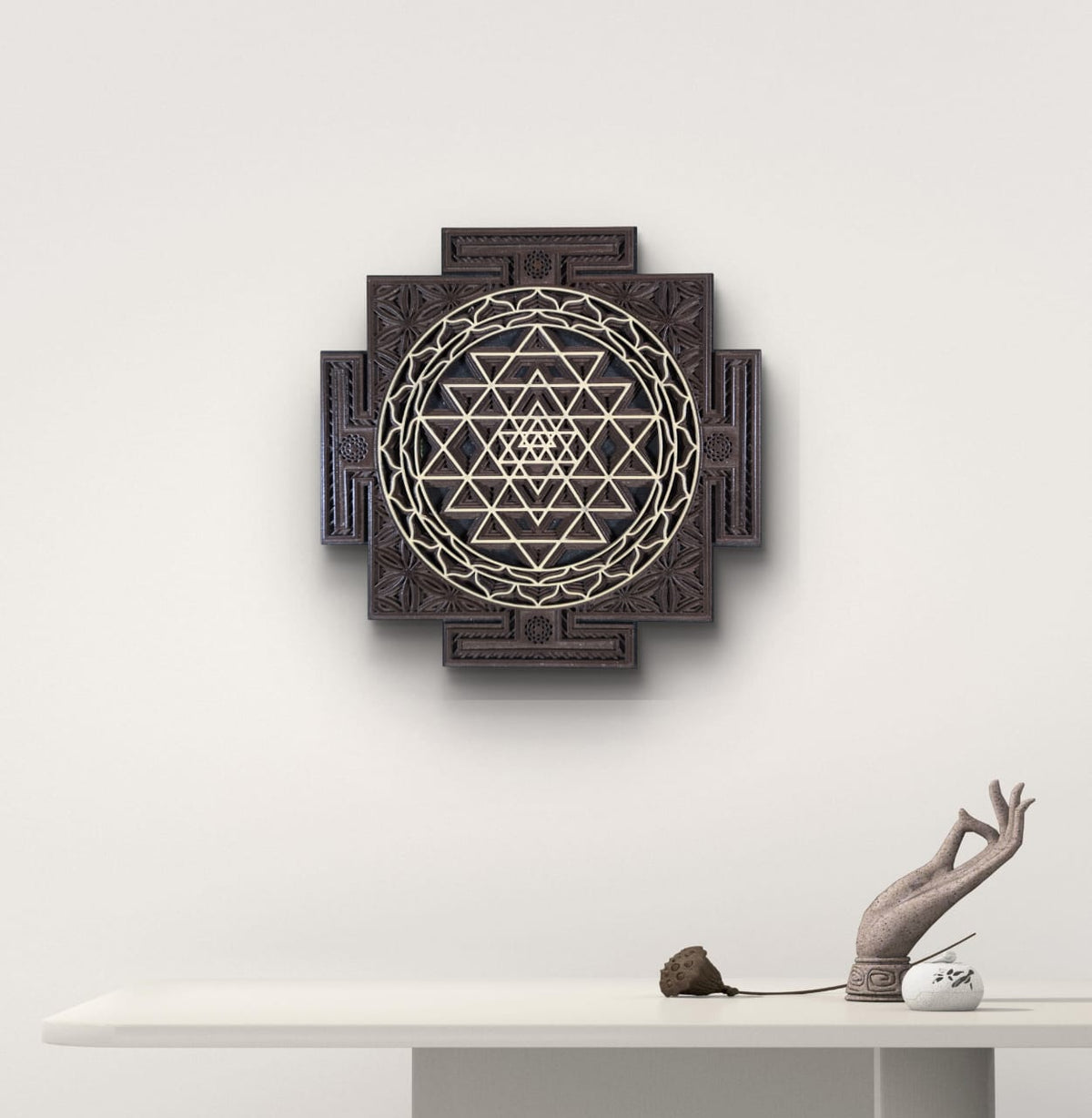 Wooden Sri Yantra Wall Art – Sacred Geometry Décor