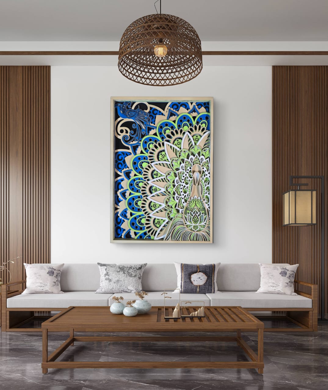 Wooden Peacock Mandala Wall Art – Peacock & Lotus Décor