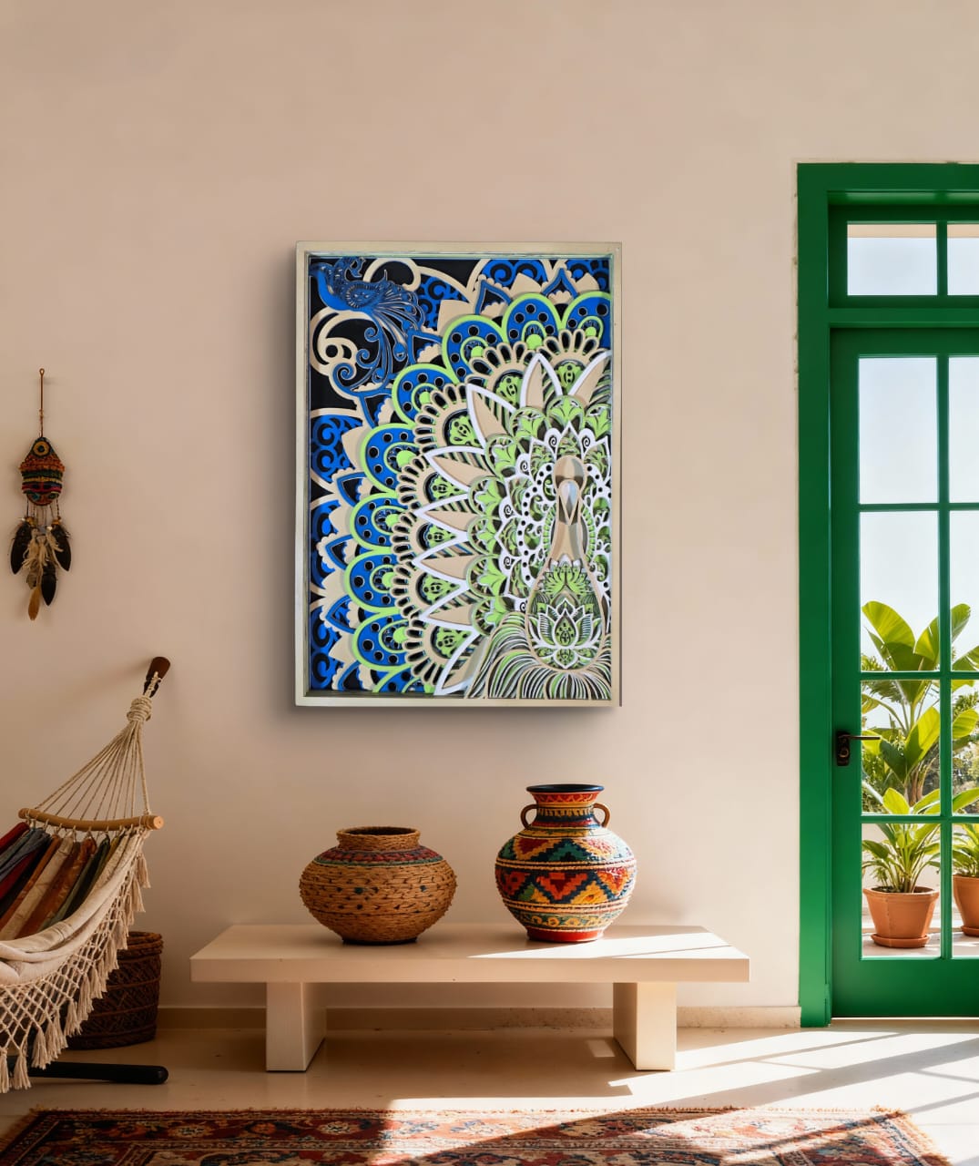Wooden Peacock Mandala Wall Art – Peacock & Lotus Décor