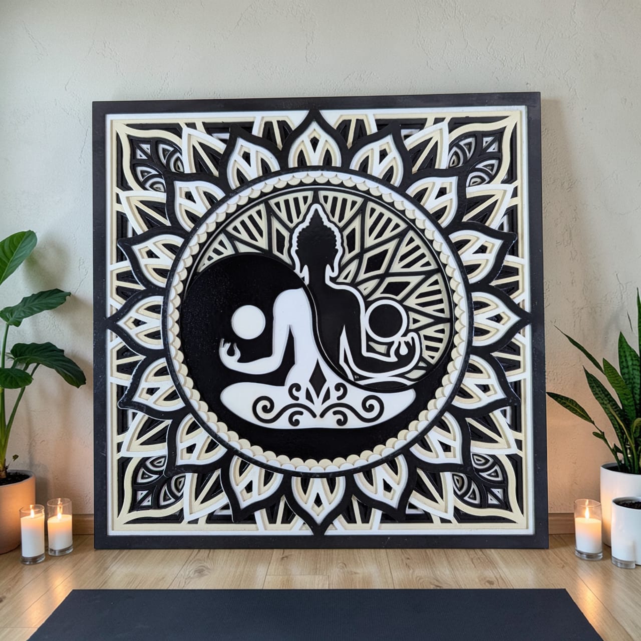 Divine Balance Buddha Wall Art – Black & Ivory Mandala Wooden Décor