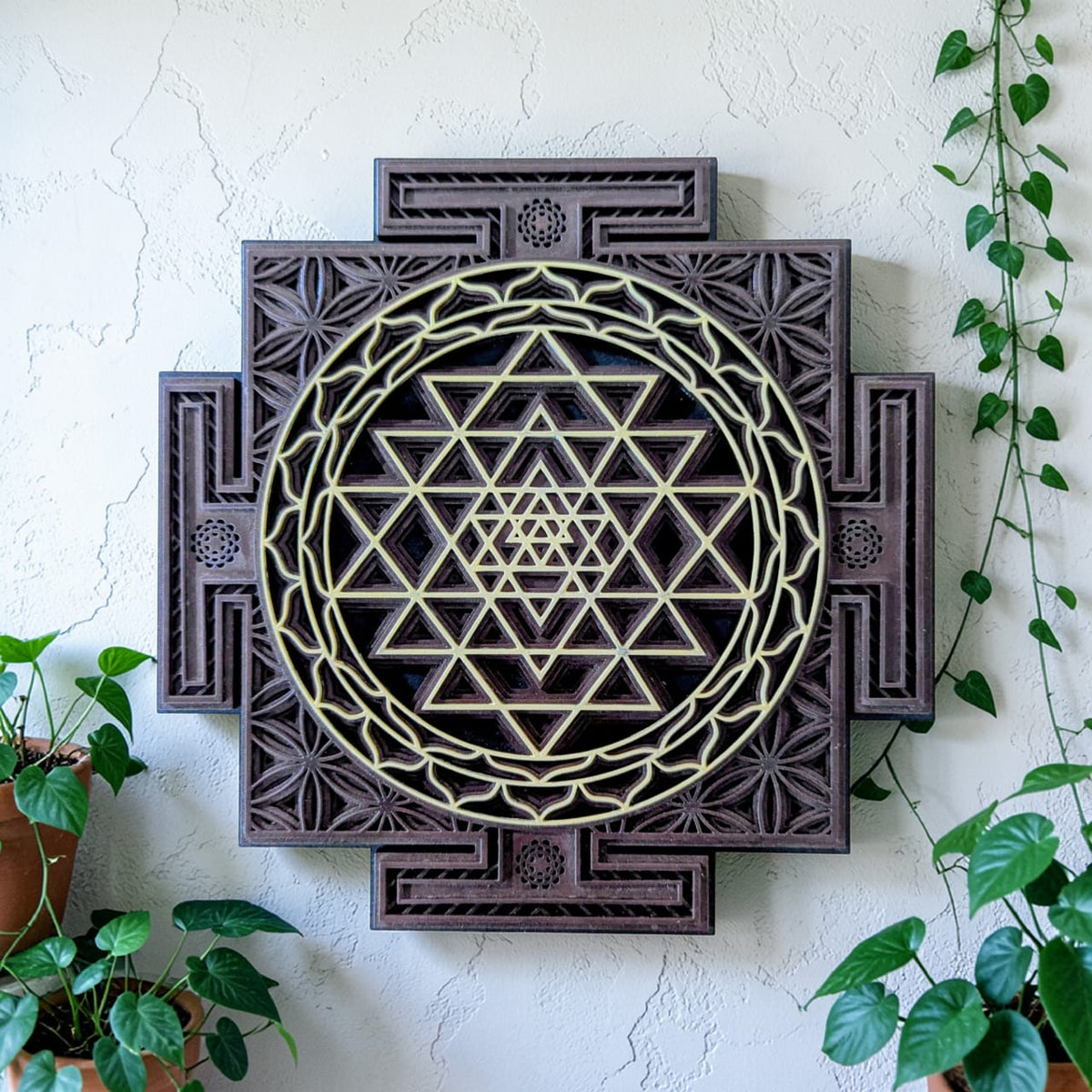 Wooden Sri Yantra Wall Art – Sacred Geometry Décor