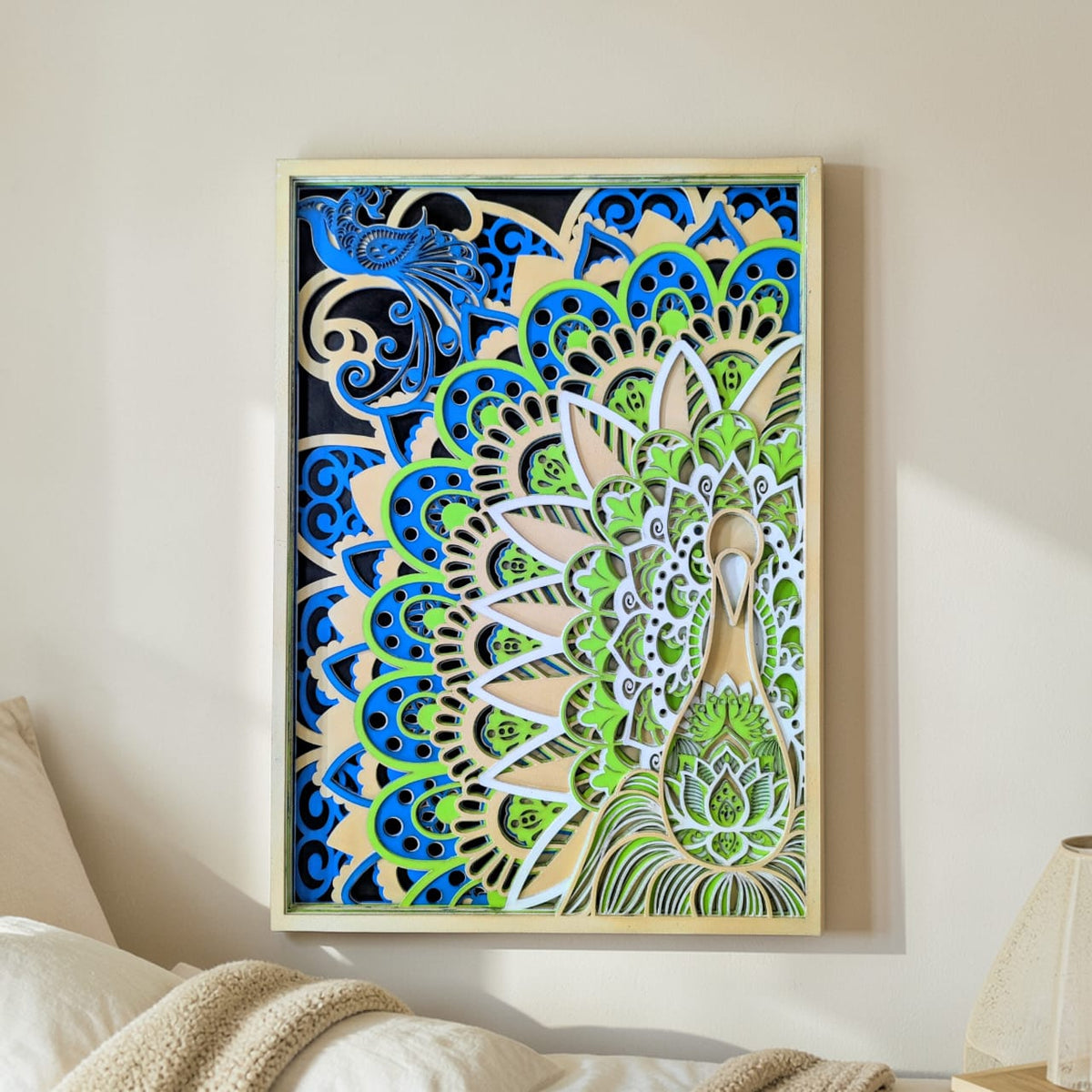 Wooden Peacock Mandala Wall Art – Peacock & Lotus Décor