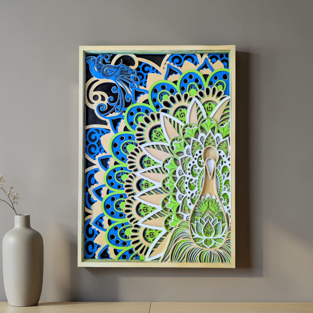 Wooden Peacock Mandala Wall Art – Peacock & Lotus Décor