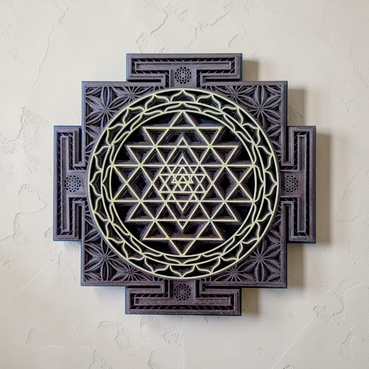 Wooden Sri Yantra Wall Art – Sacred Geometry Décor