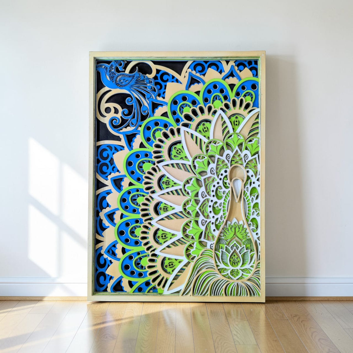 Wooden Peacock Mandala Wall Art – Peacock & Lotus Décor