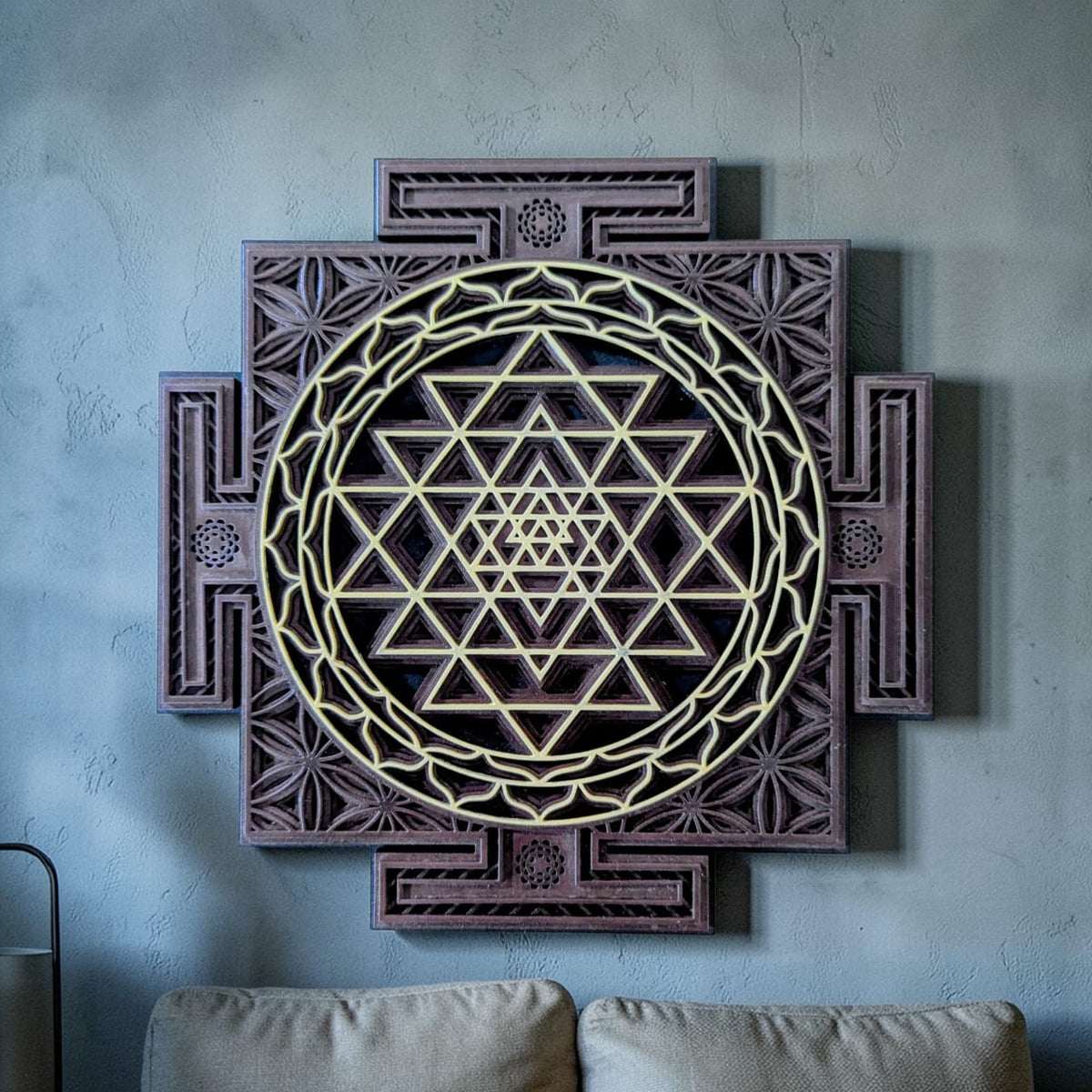 Wooden Sri Yantra Wall Art – Sacred Geometry Décor