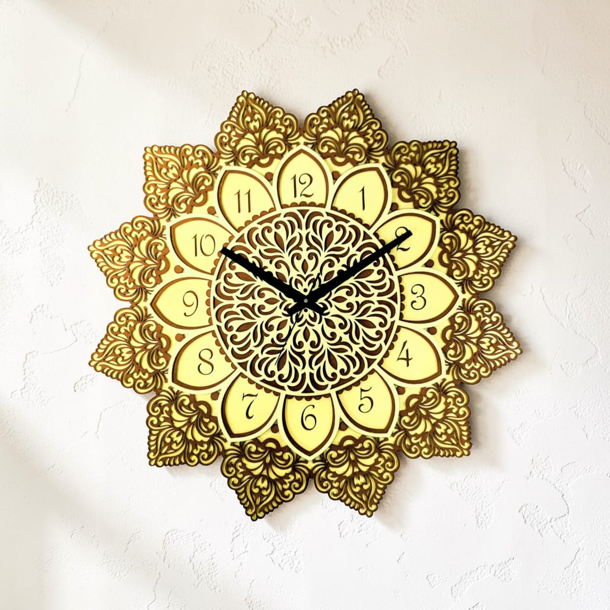 Golden Bloom Mandala Wall Clock – Floral Wooden Wall Decor