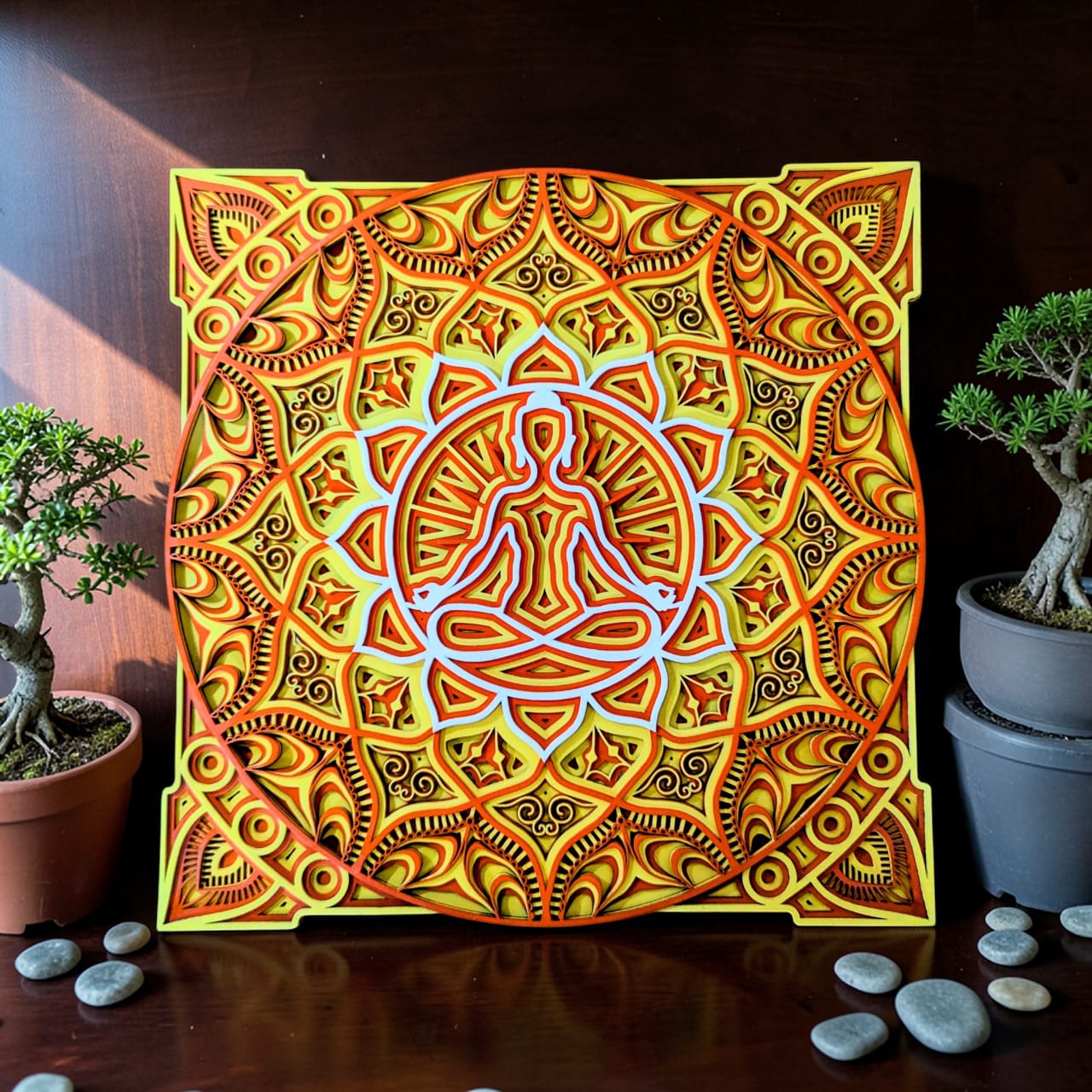 Solar Zen Mandala Wall Art – Meditating Buddha Wooden Décor