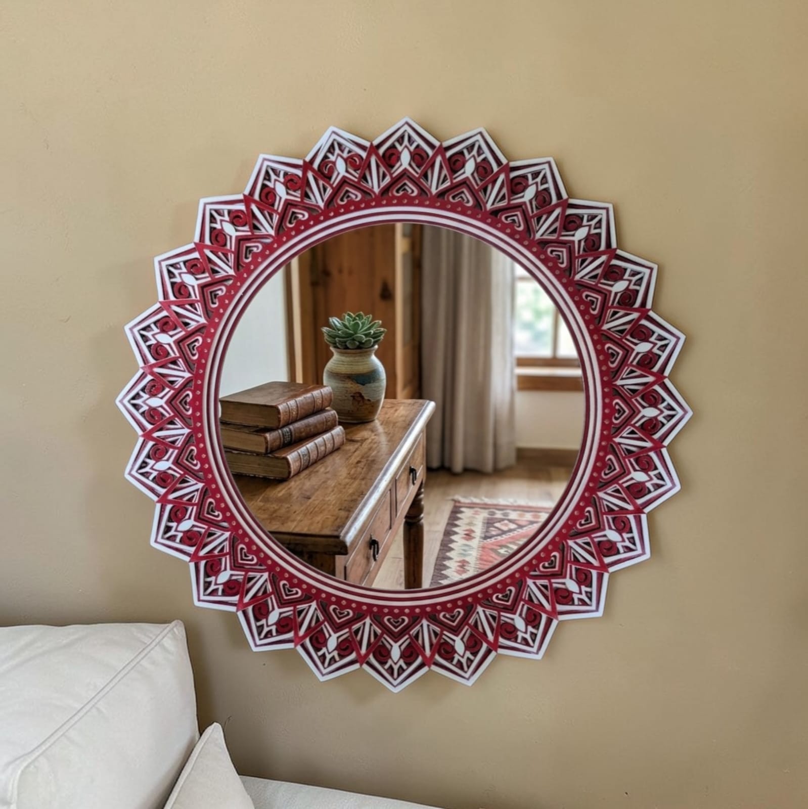 Crimson Lotus Mandala Mirror Wall Art