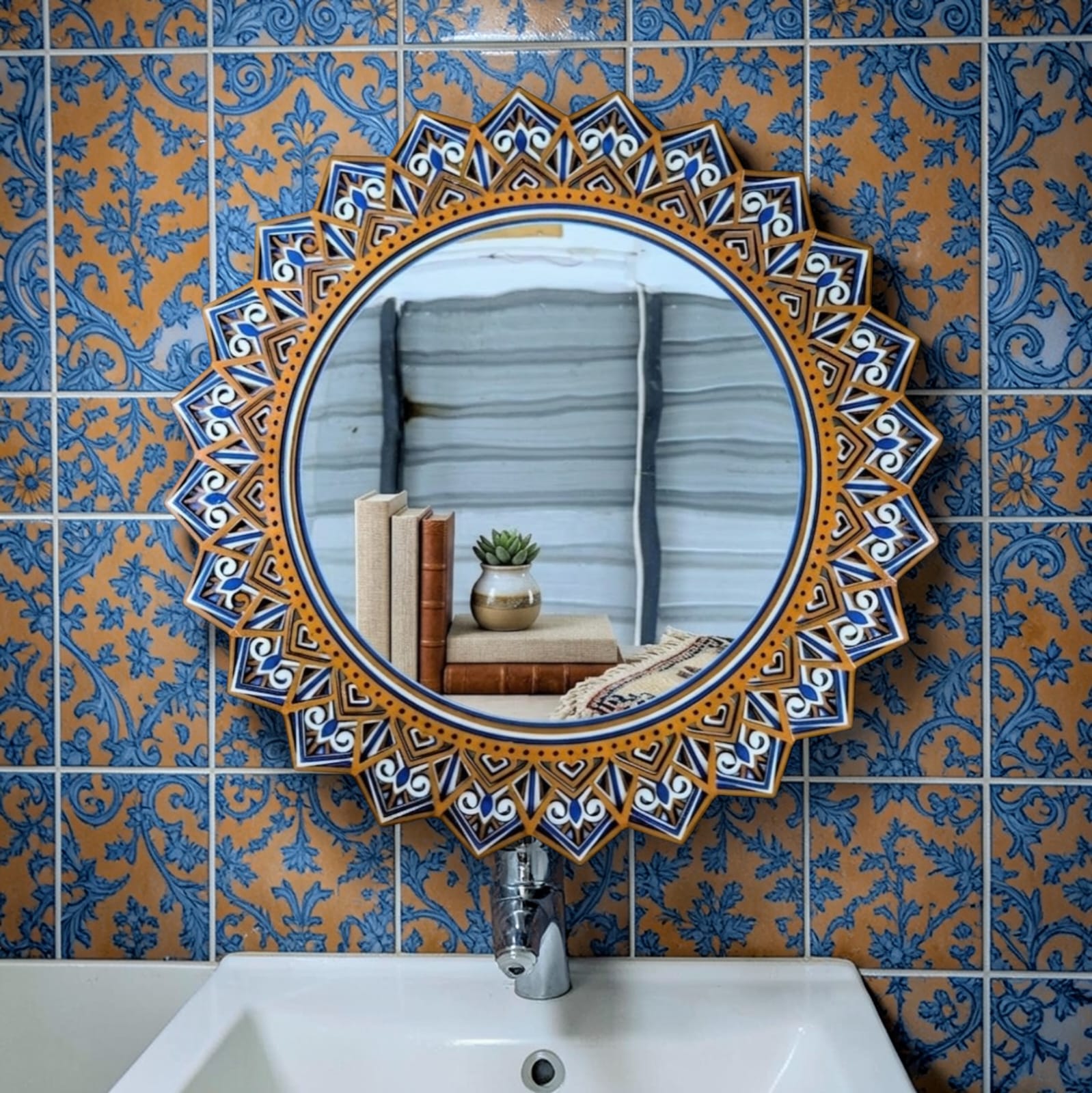 Azure Mandala Mirror – Blue & White Decorative Wall Mirror