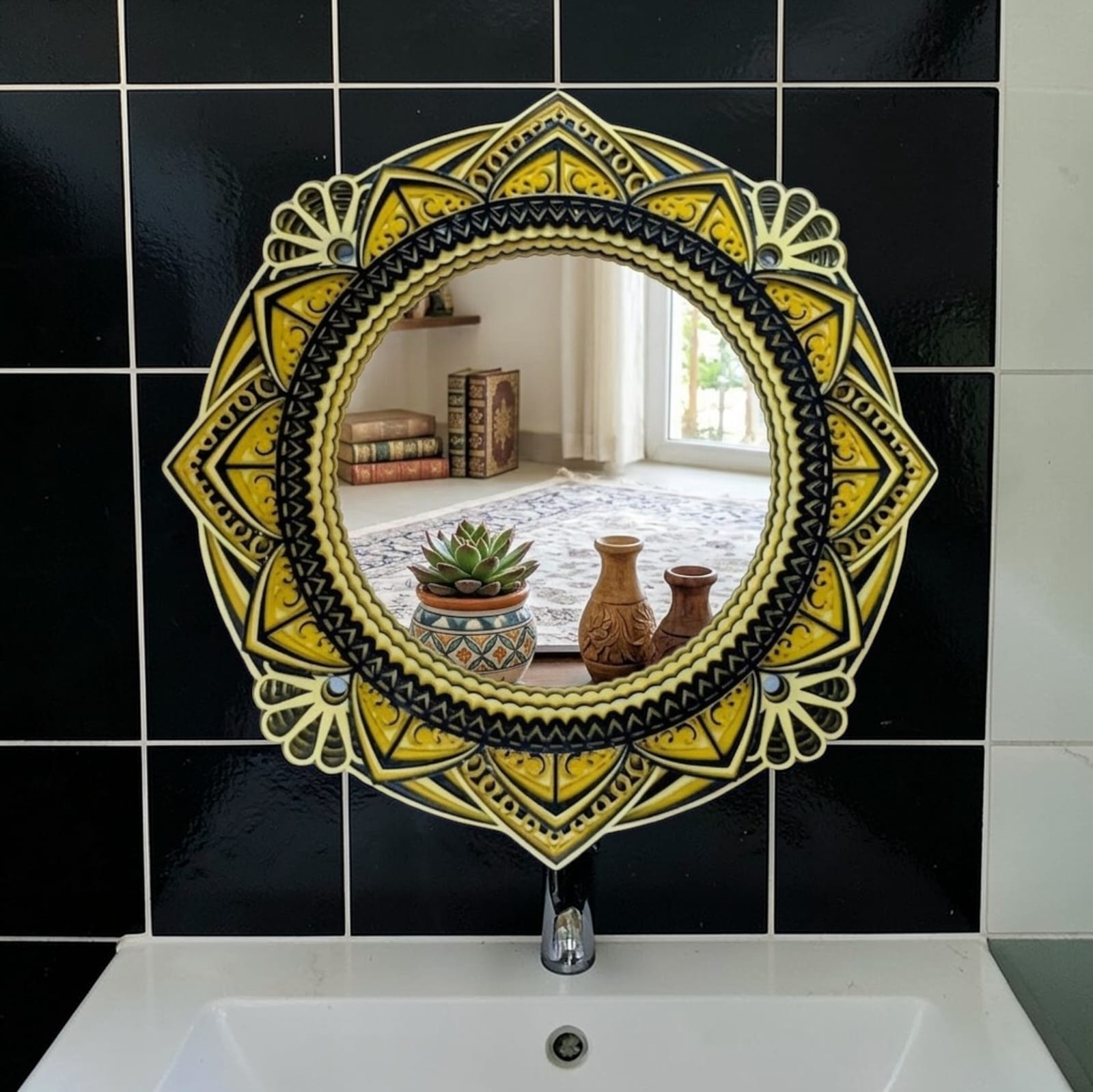 Royal Mandala Mirror Wall Art – Gold & Black Decorative Frame