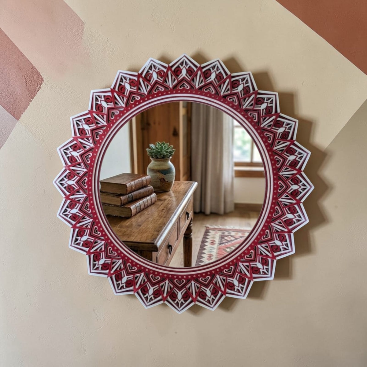 Crimson Lotus Mandala Mirror – Handcrafted Wall Art