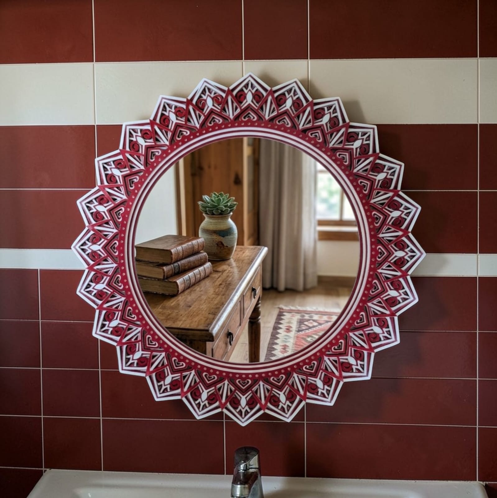 Crimson Lotus Mandala Mirror Wall Art