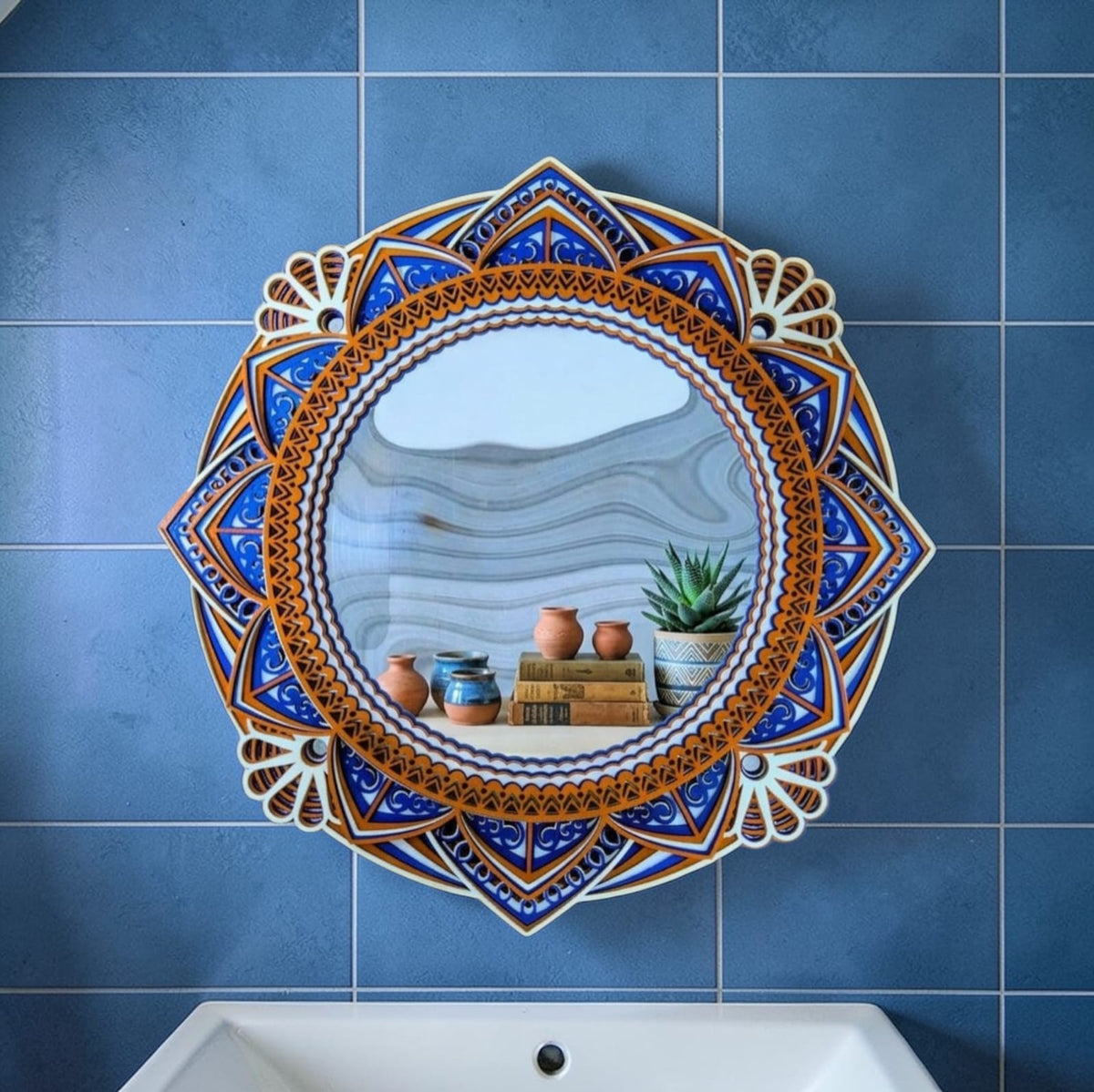 Royal Azure Mandala Mirror – Handcrafted Wall Art