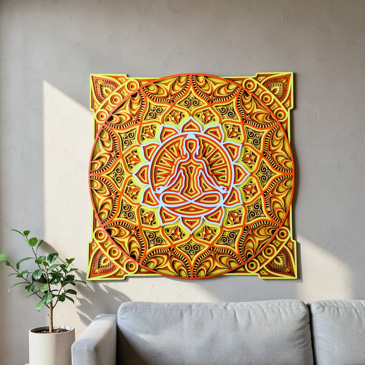 Solar Zen Mandala Wall Art with meditating Buddha in orange and gold